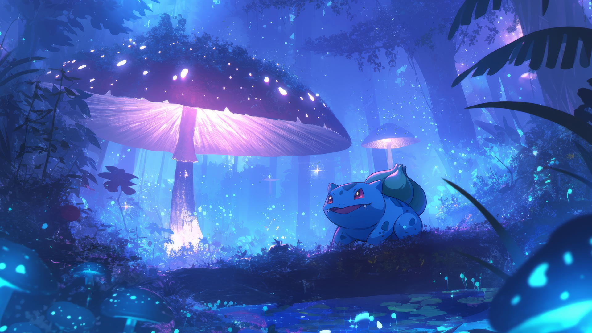 pokemon Bulbasaur resting under a giant glowing mushroom in a dark, magical forest