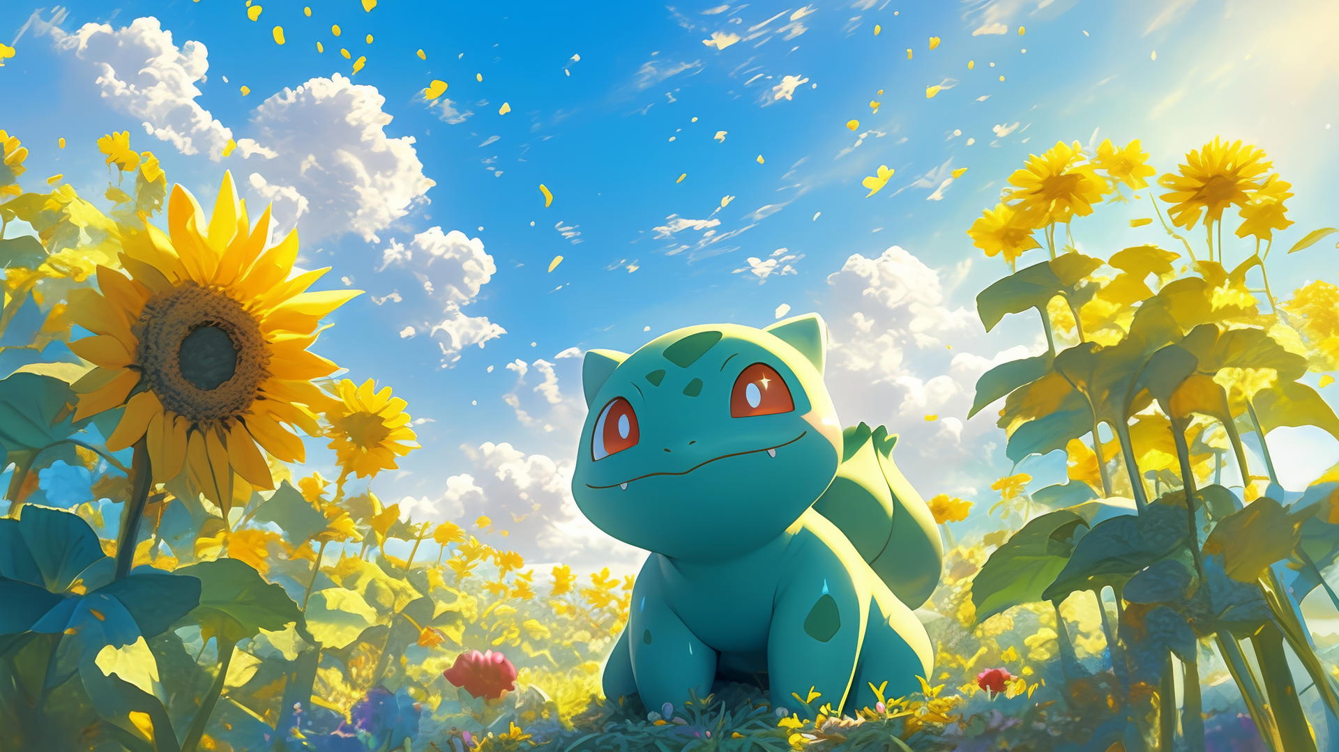 Pokemon Bulbasaur in a sunflower field with a bright blue sky.