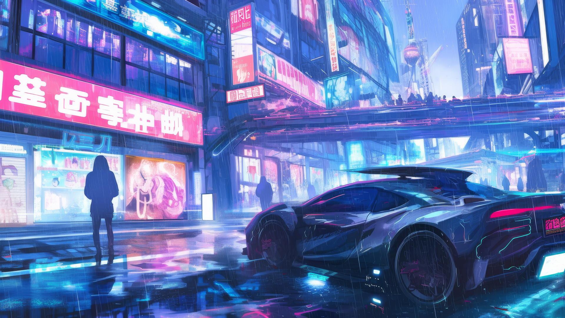 cool wallpapers 4k, cyberpunk city street with futuristic vehicles and neon signs