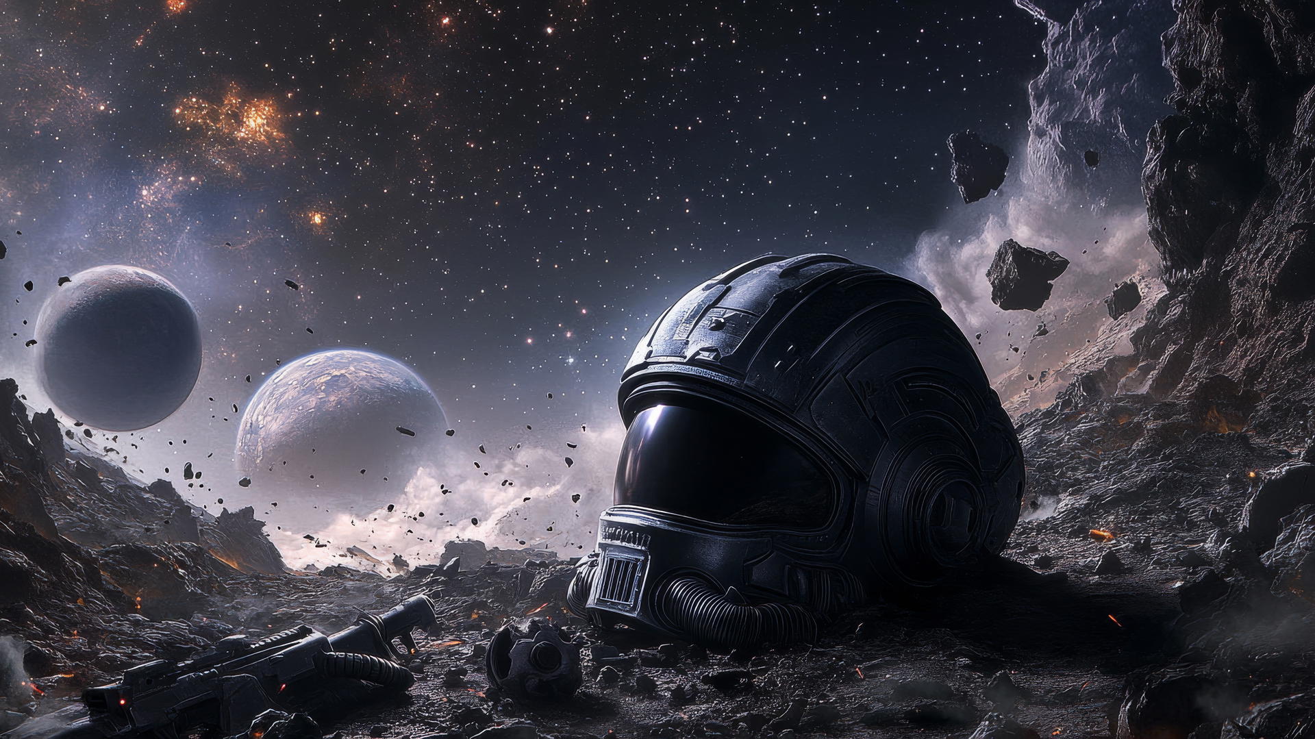 cool wallpapers for boys: space marine helmet on battlefield with futuristic debris and starry sky