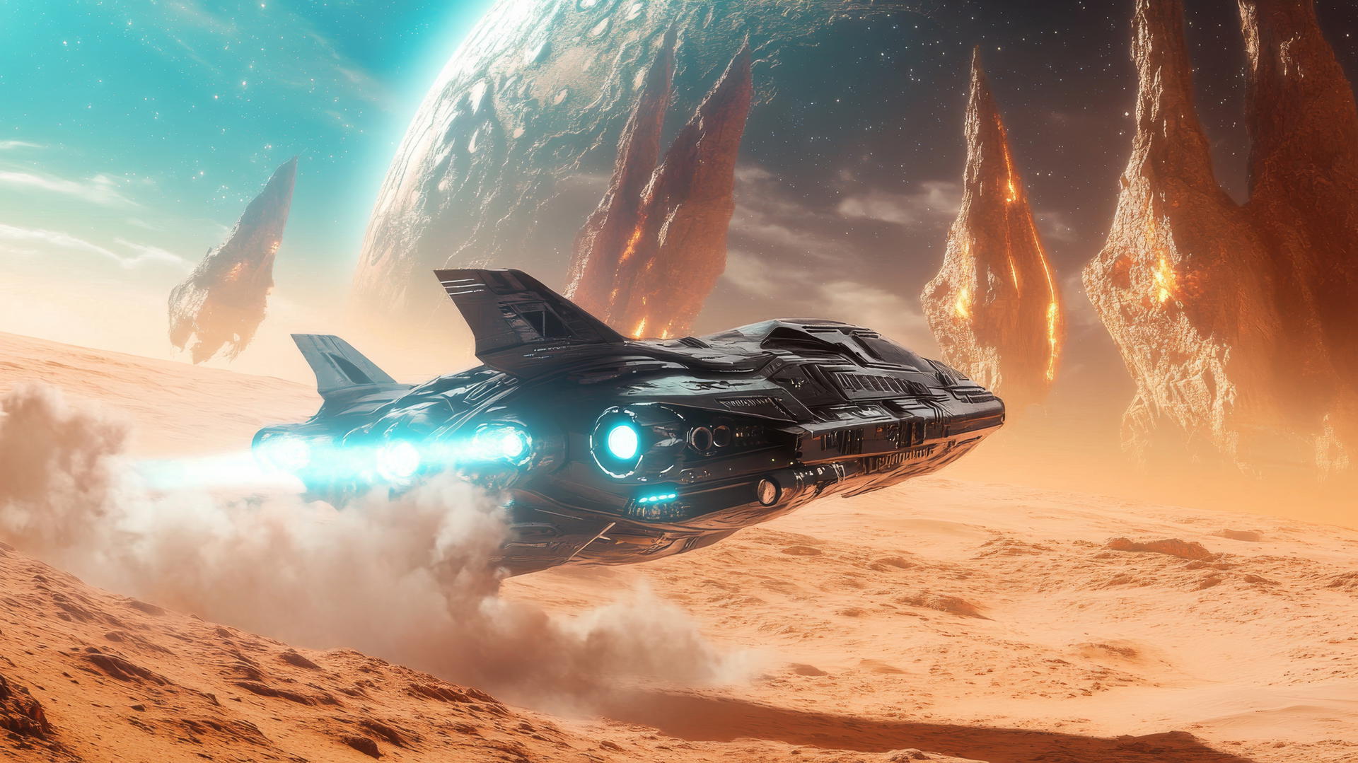 A spaceship flying low over a desert planet with glowing alien structures in the background.
