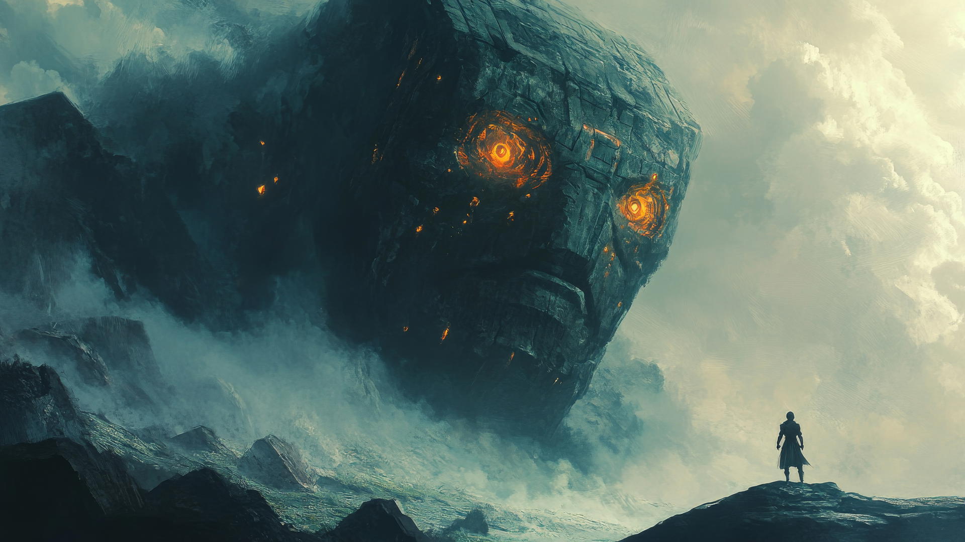 Young warrior faces colossal stone golem with glowing runes and swirling mist.