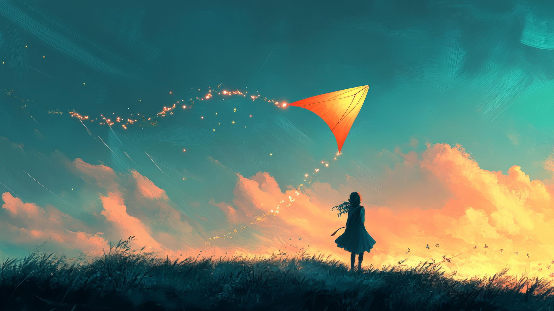 Girl flying glowing kite with minimalistic landscape