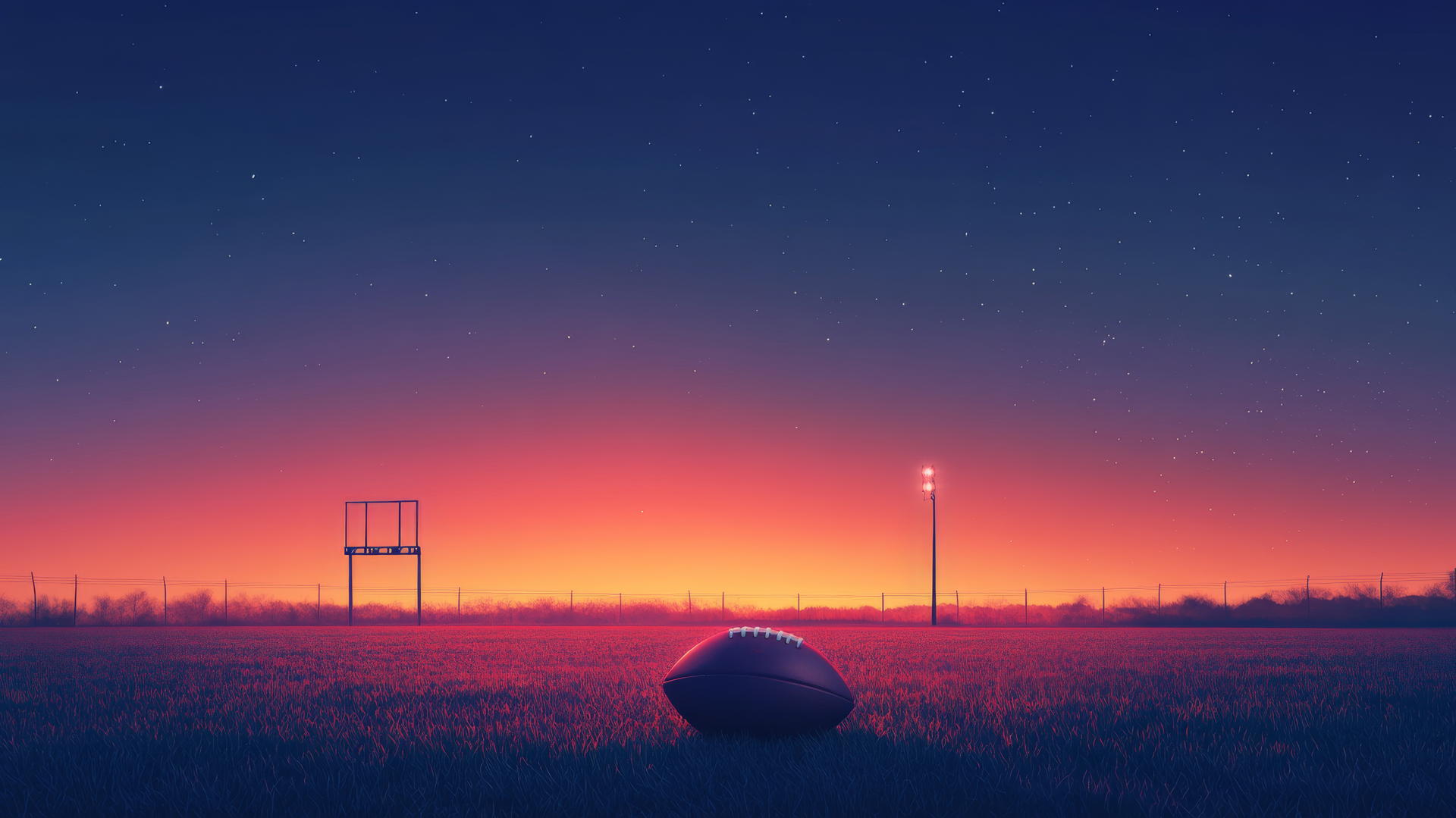 Glowing football on tee in minimalistic field with gradient dusk to night sky.