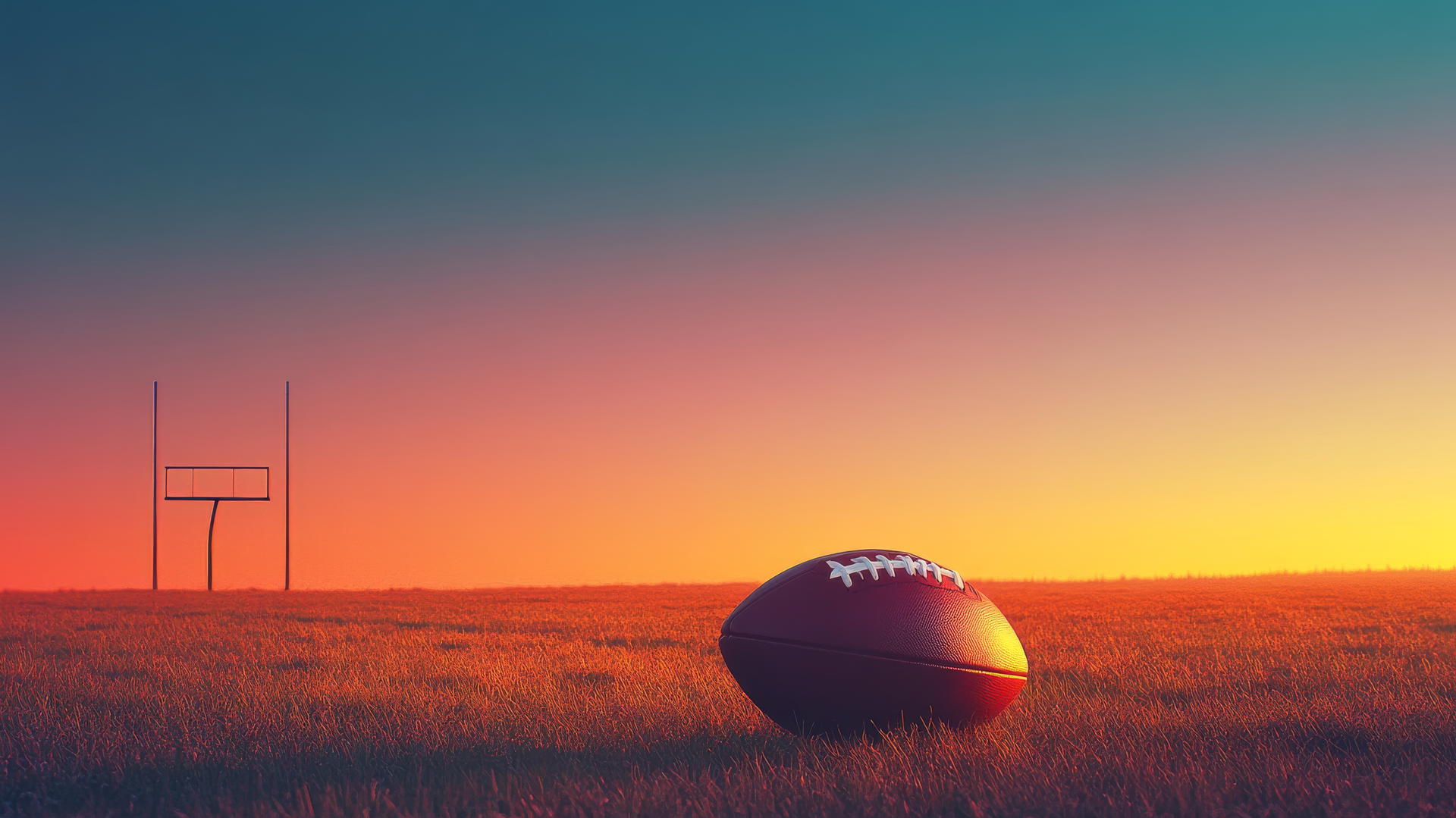 glowing football on tee in minimalistic field with gradient dusk to night sky