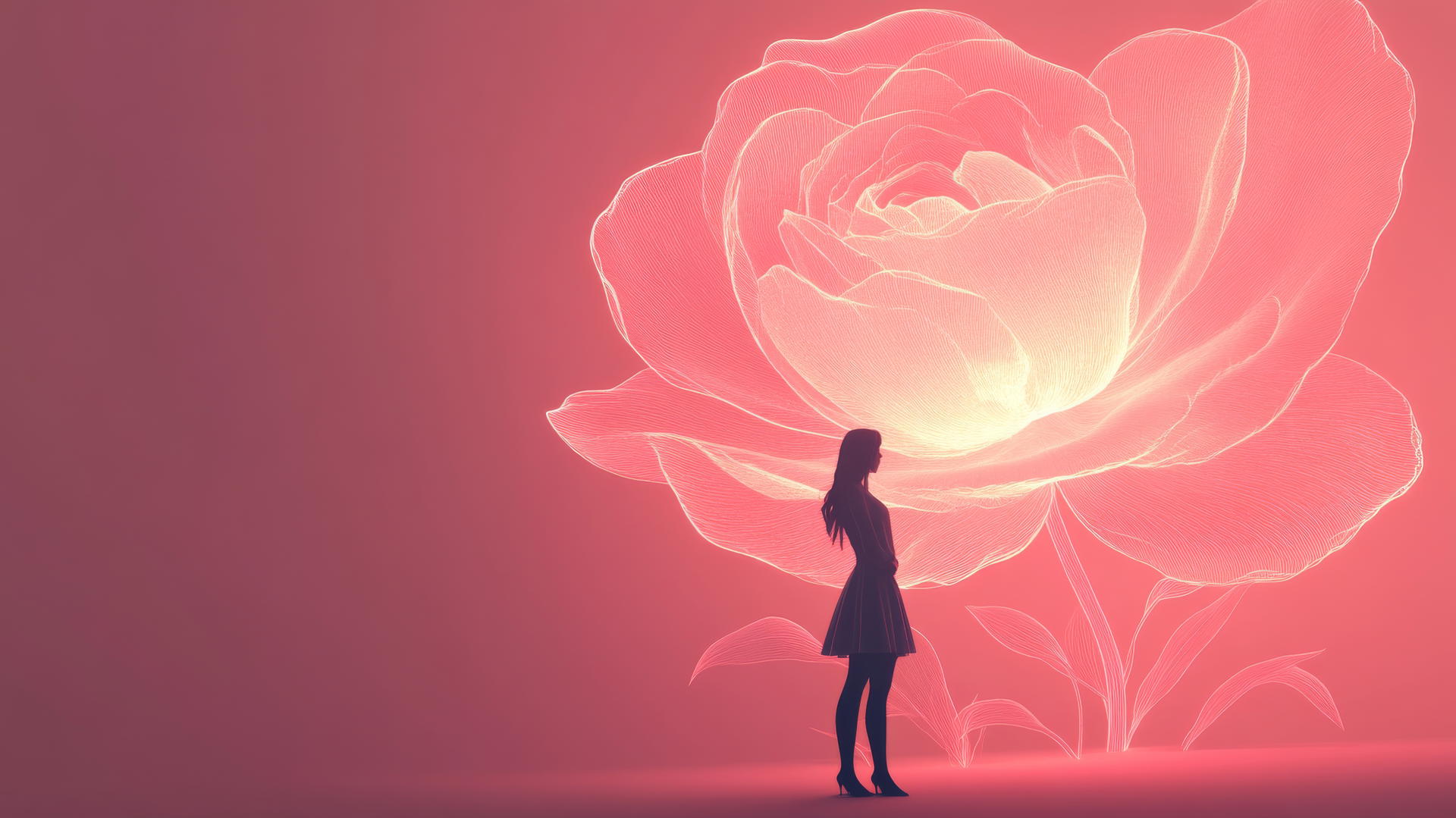Girl standing before giant glowing rose outline with soft pink background