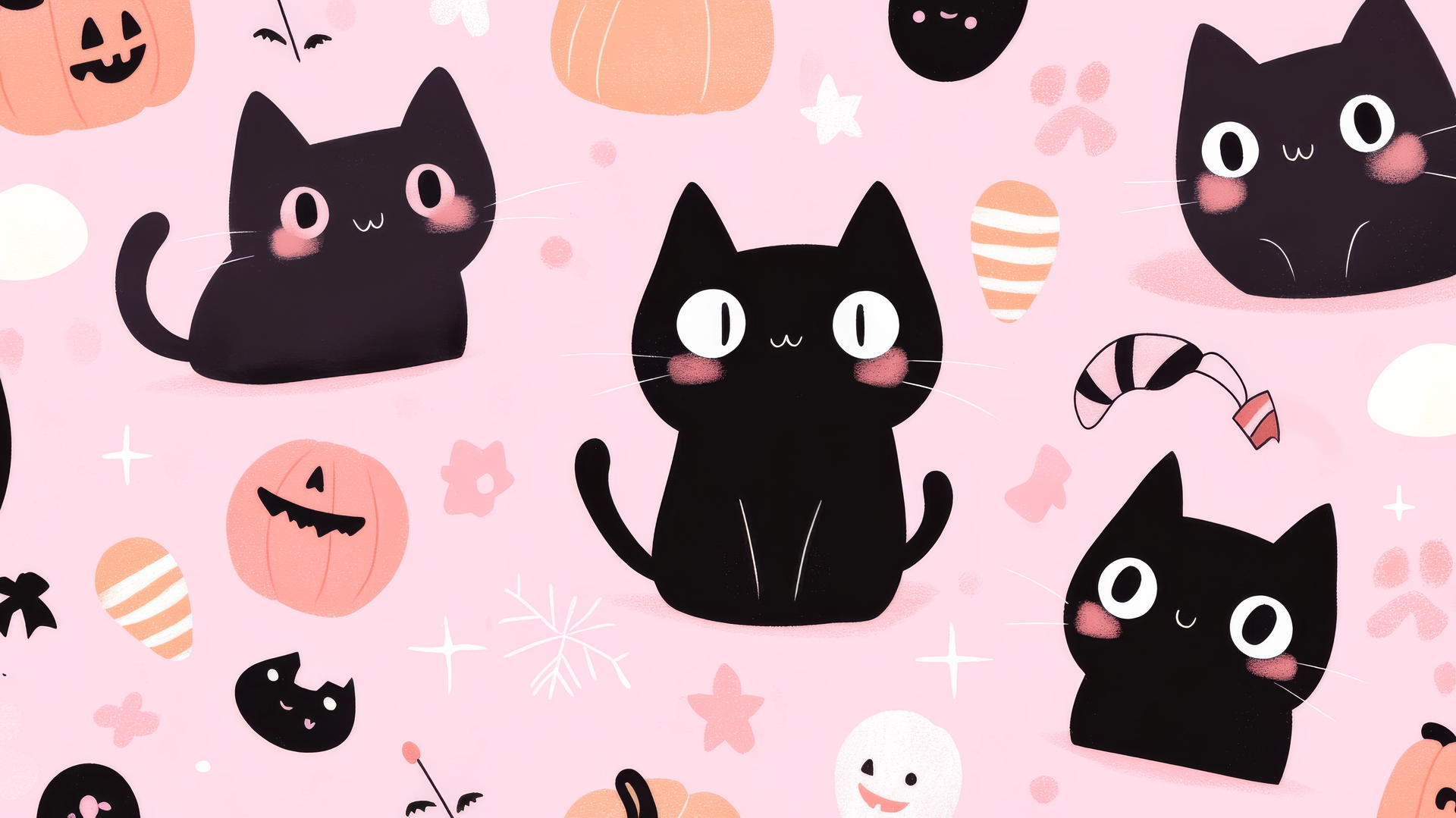 Cute black cats, pumpkins, and candy on pastel lavender