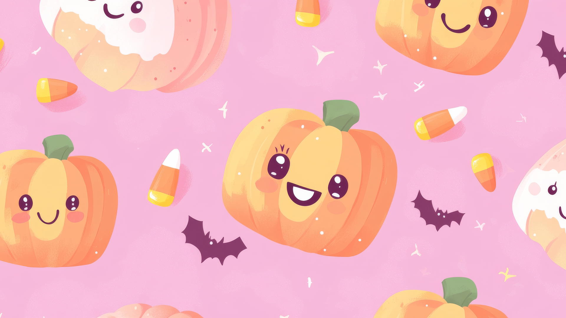 Cute cartoon pumpkins and candy corn on pastel pink