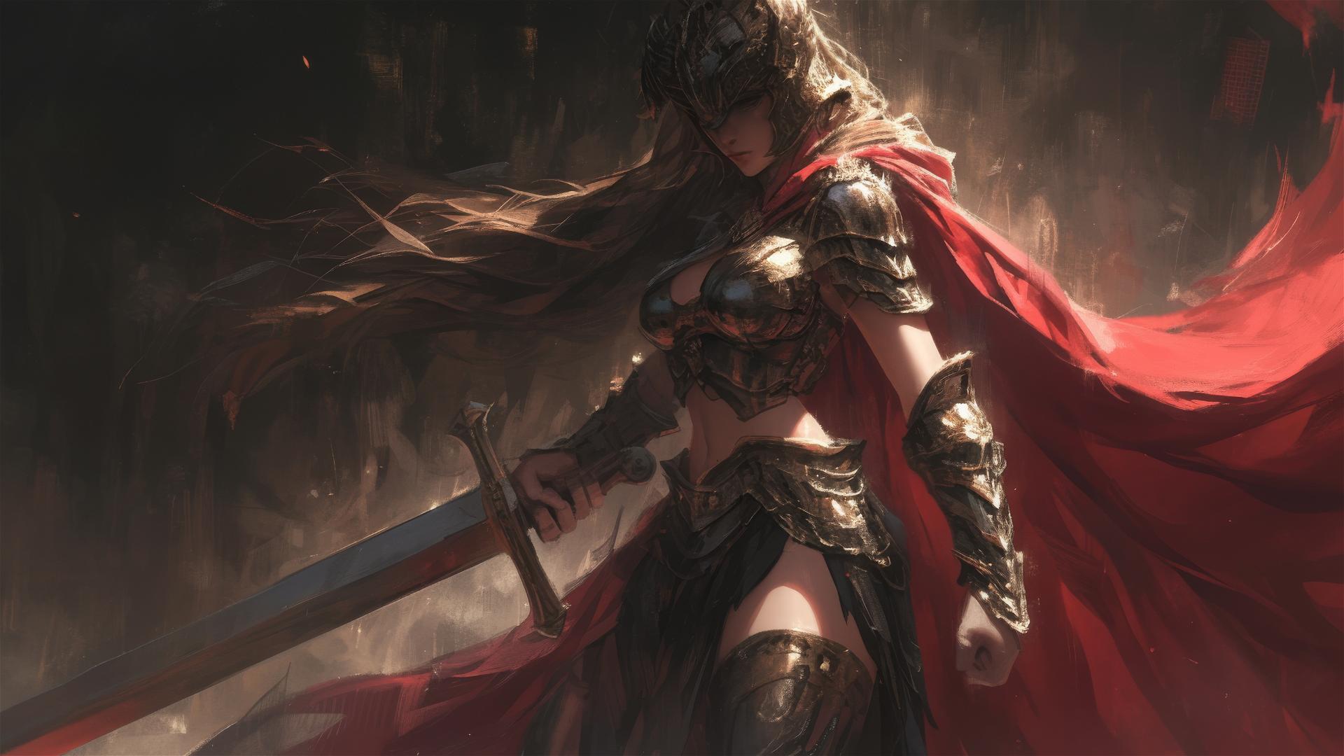 Gladiator warrior girl with a thigh focus on dark background with spotlight effect