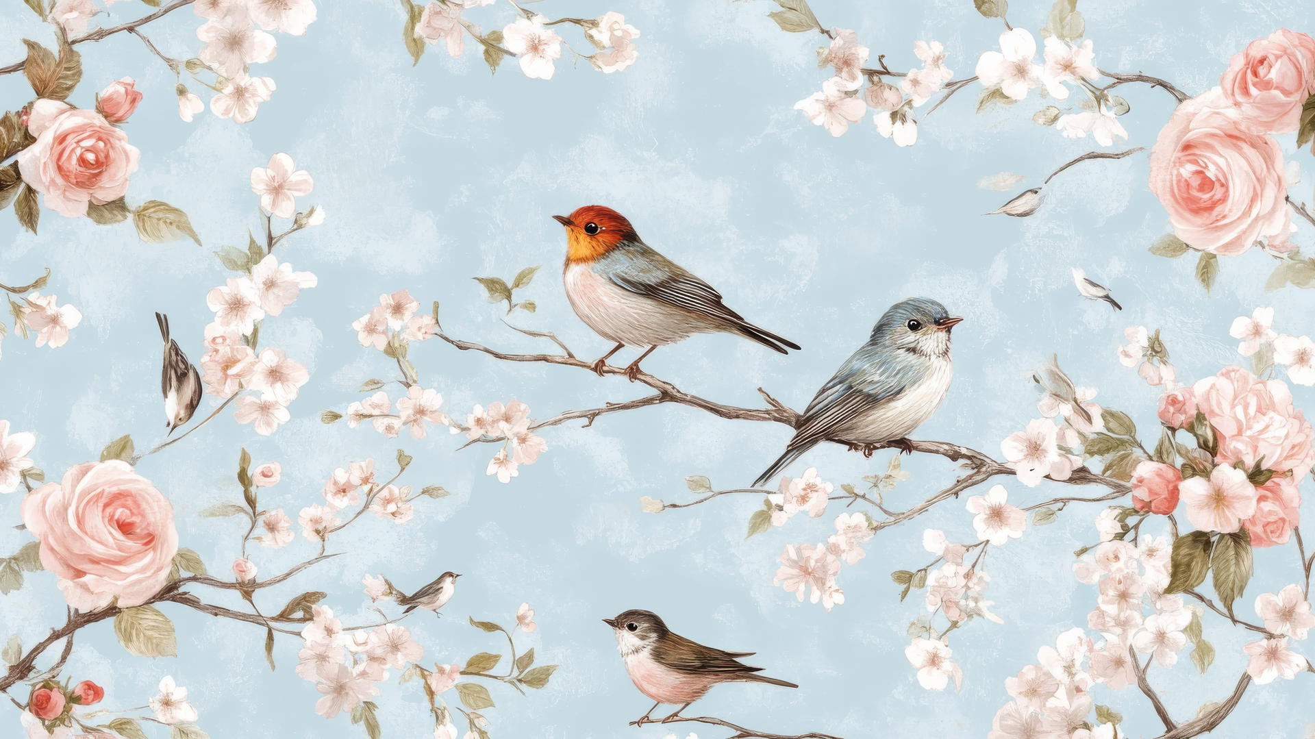preppy spring wallpaper with songbirds on branches surrounded by cherry blossoms and roses