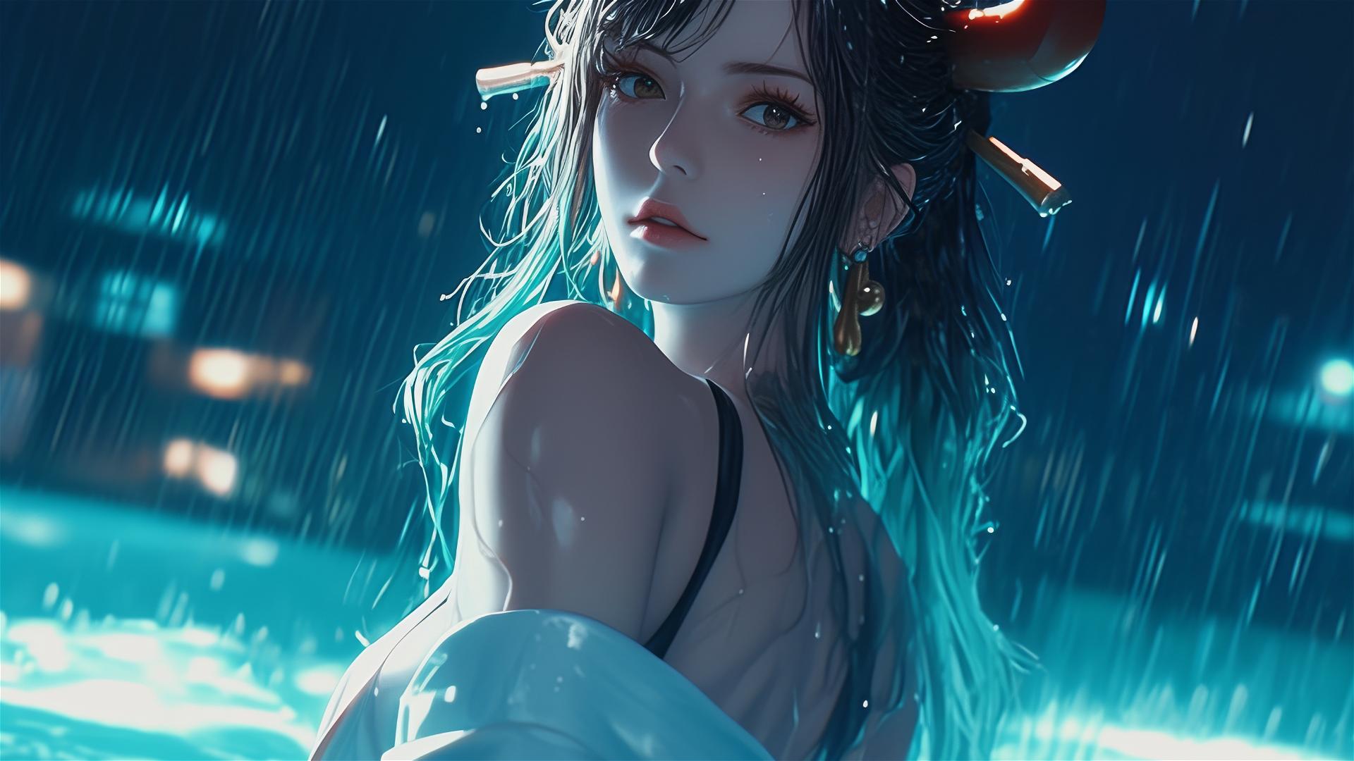Yamato from One Piece standing in a pool with moonlight, in a surreal 8K cinematic style