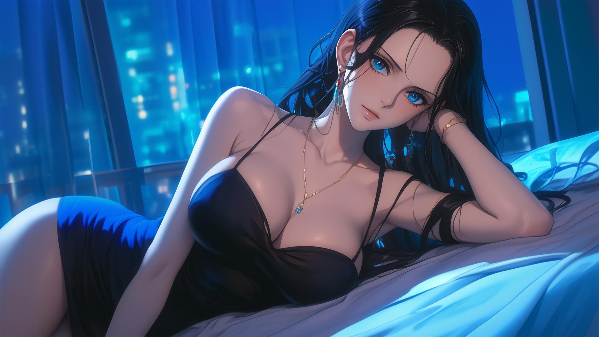 Nico Robin from One Piece in a modern hotel room under moonlight