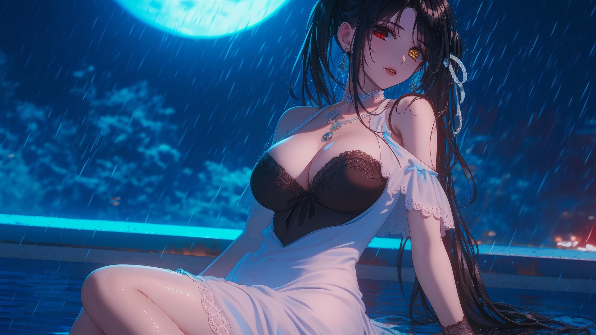 Kurumi Tokisaki rests in a tub with moonlight casting a glow, dressed in pure white.