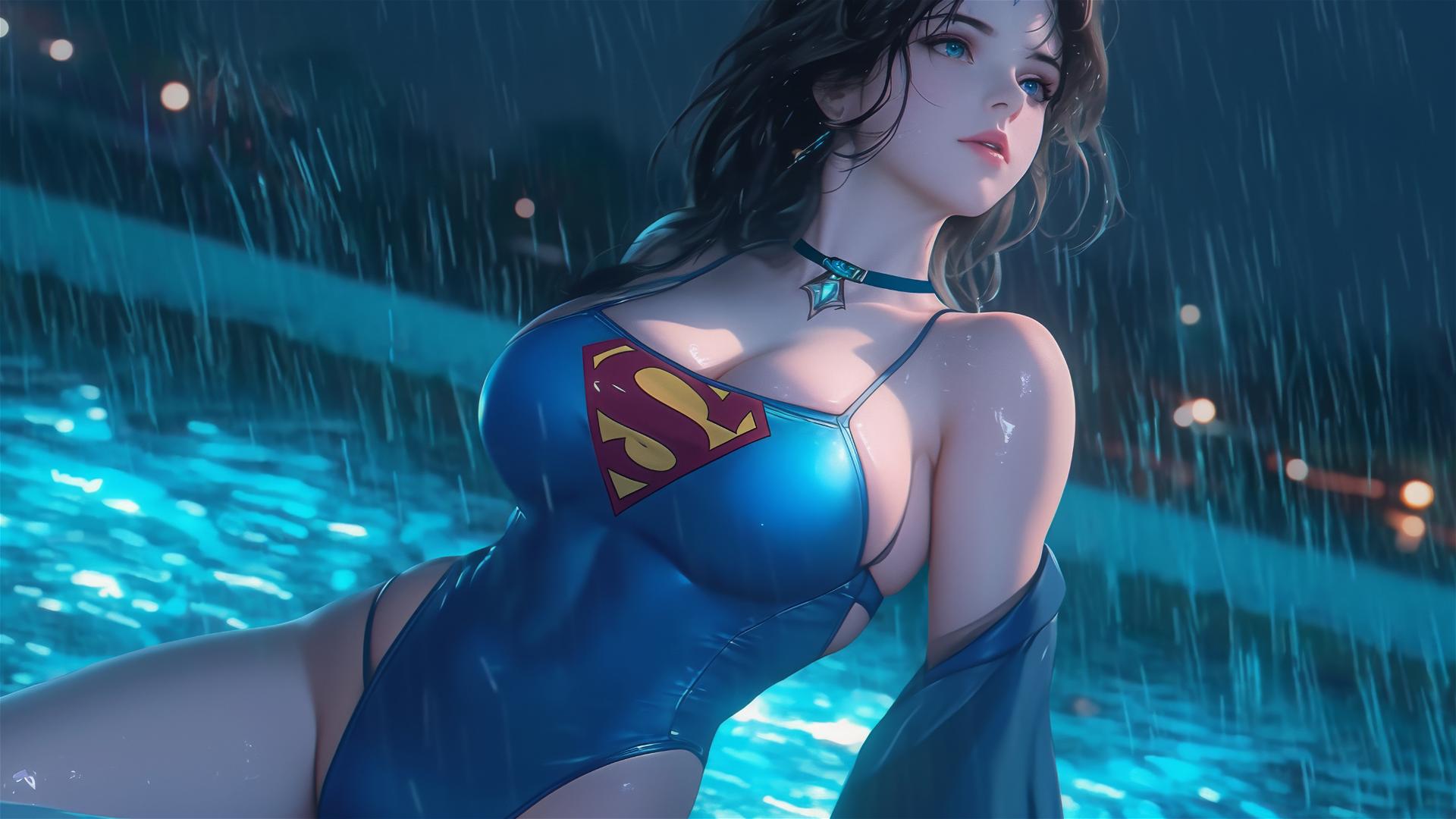 Superwoman relaxing by a rainy pool under moonlight