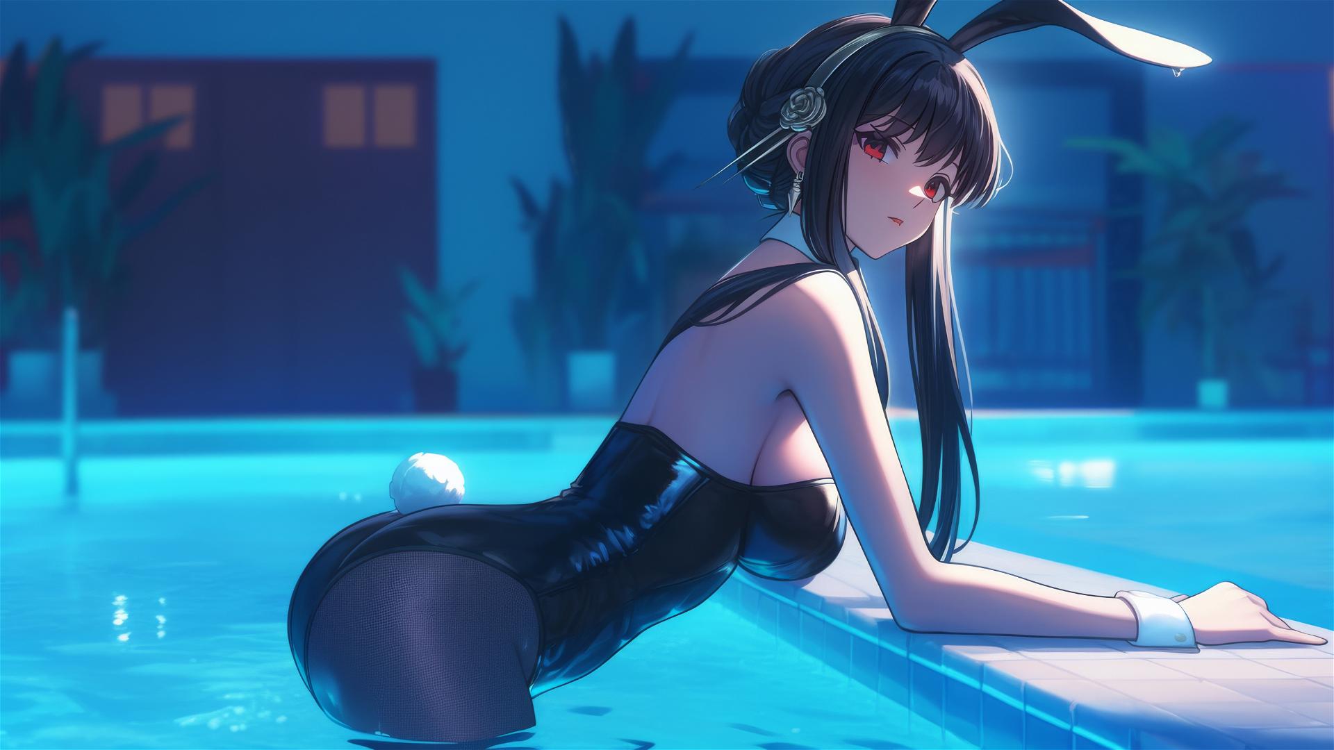 Yor Forger in bunny girl outfit by moonlit pool