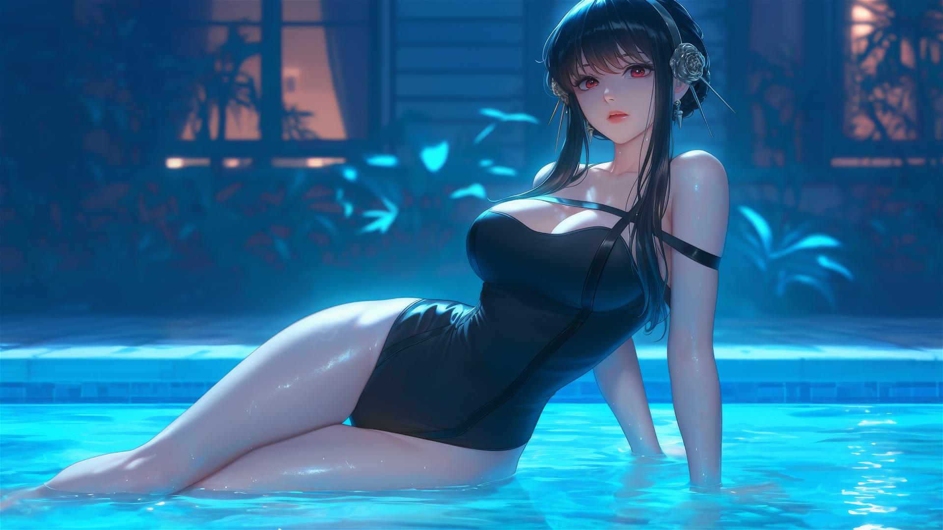 Yor Forger in bunny girl outfit by moonlit pool