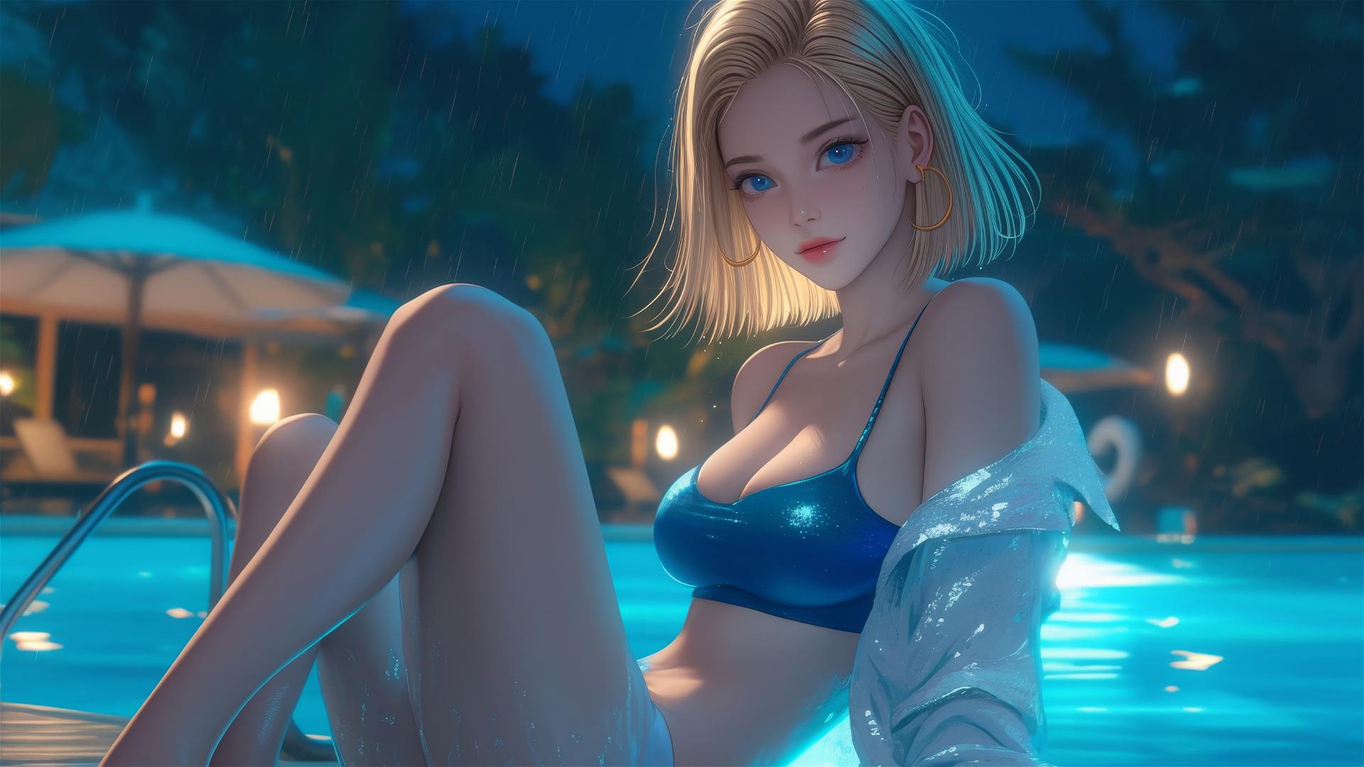 Android 18 from Dragon Ball resting by a rainy swimming pool with moonlight glow