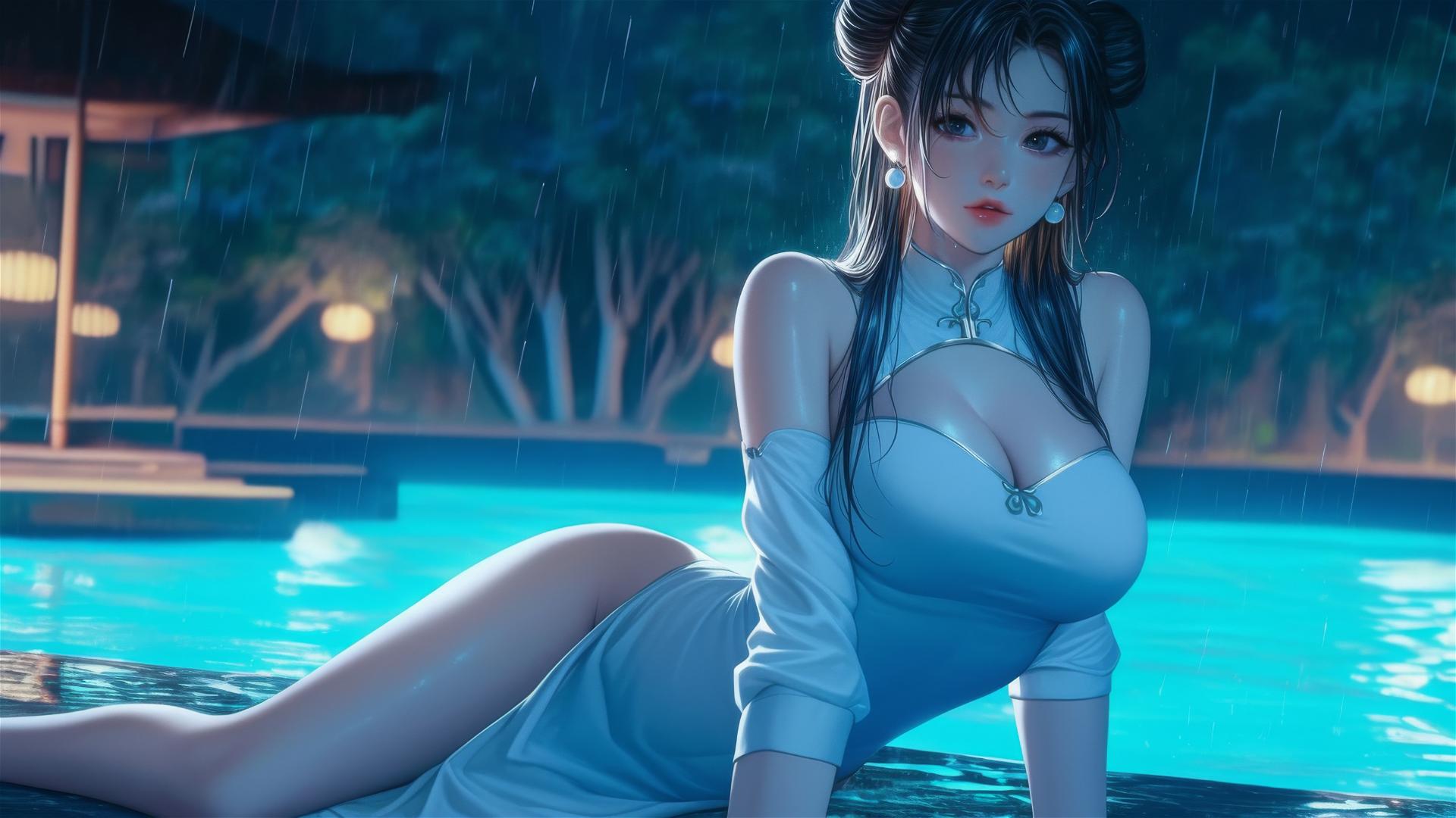 Chun Li in a pure white dress resting by a rainy swimming pool under moonlight.