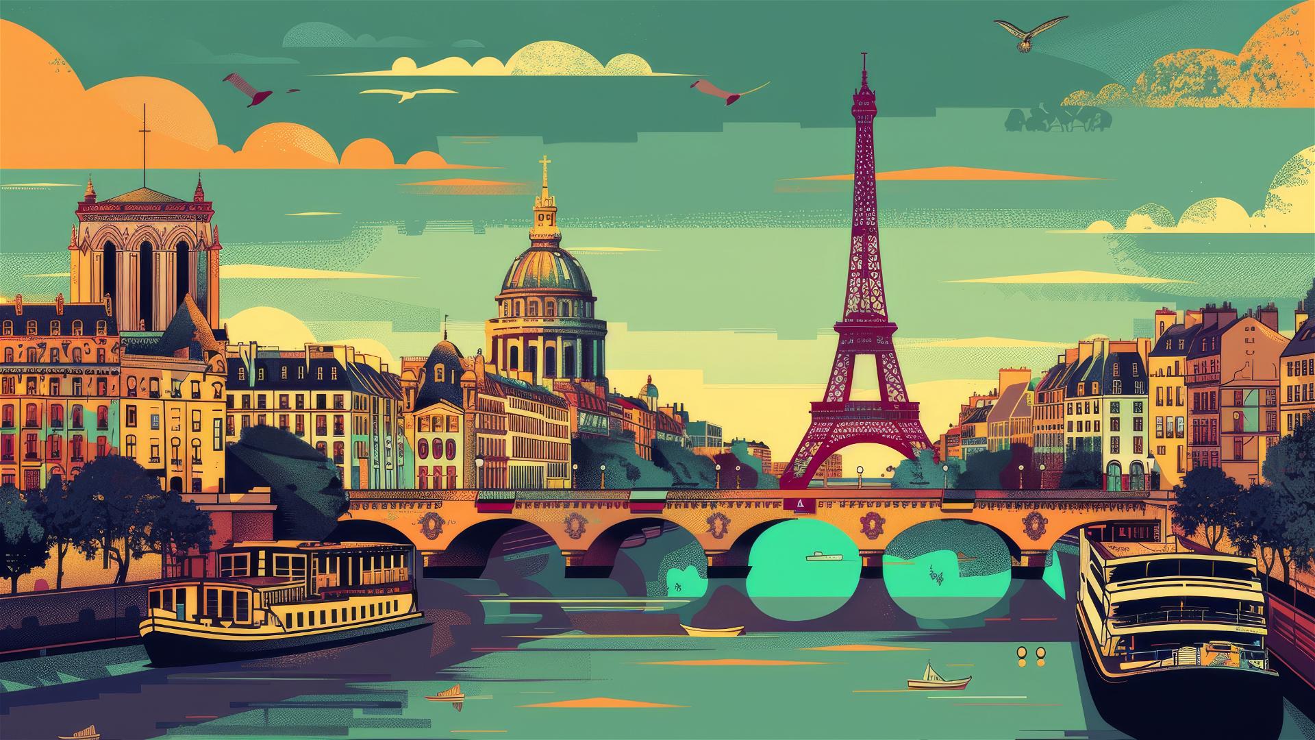 Retro-style colorful Paris travel poster illustration