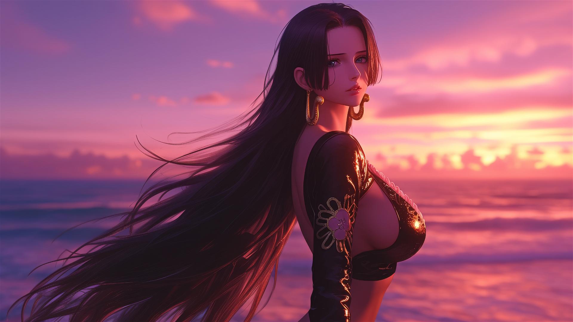 Boa Hancock from One Piece striding on a beach at sunset in a leather outfit