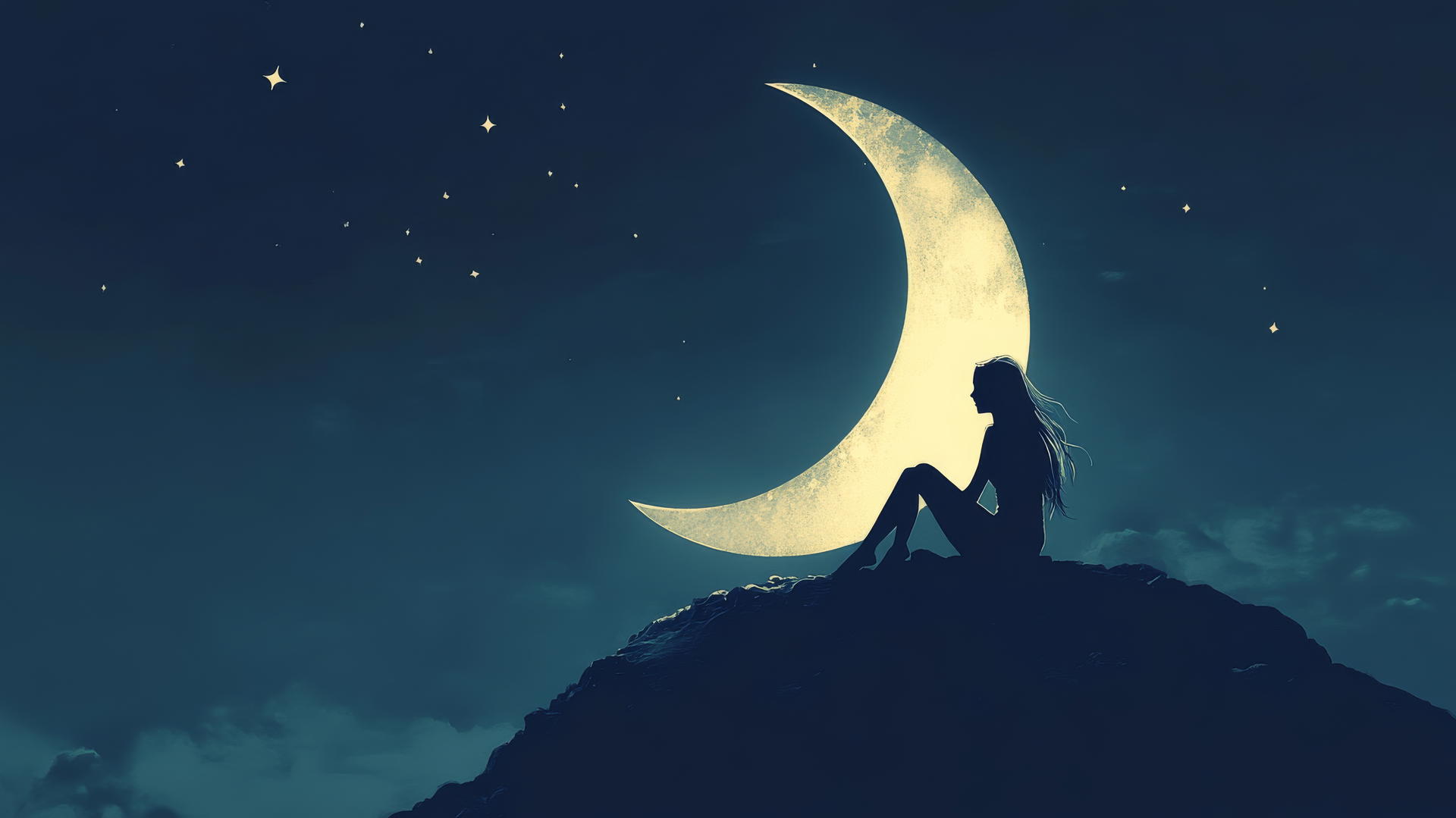 Girl silhouette on a glowing crescent moon with geometric stars in dark blue sky