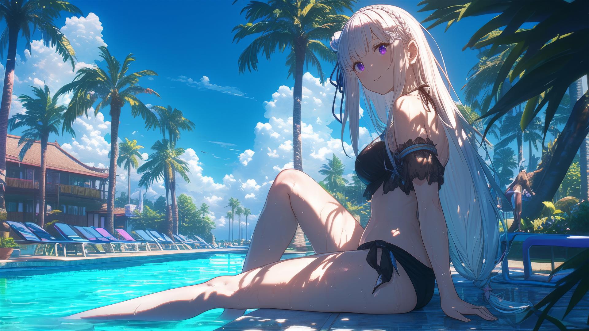 Emilia from Re:Zero resting by pool under moonlight