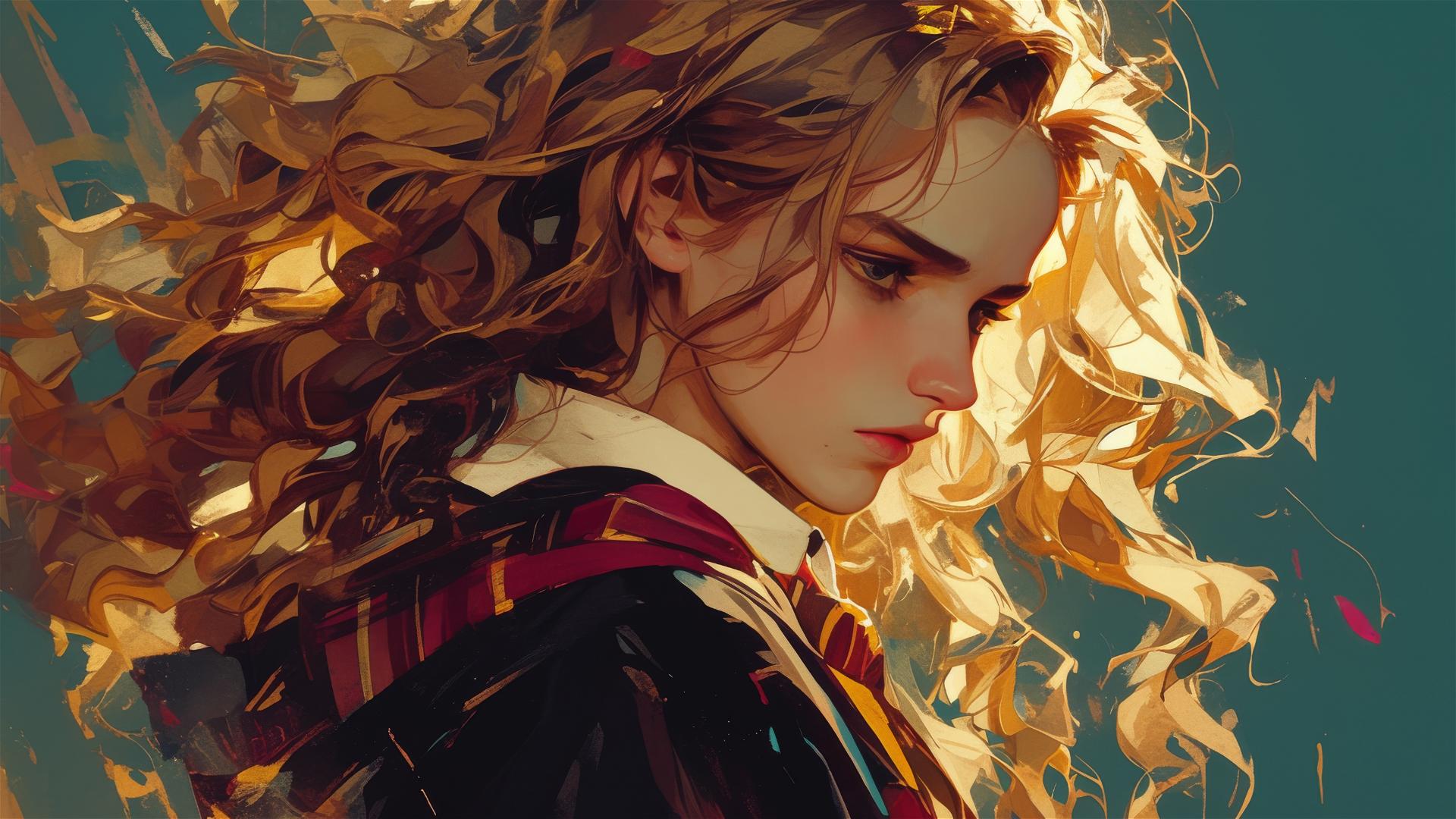 Artistic illustration of Hermione Granger on dark background with spotlight