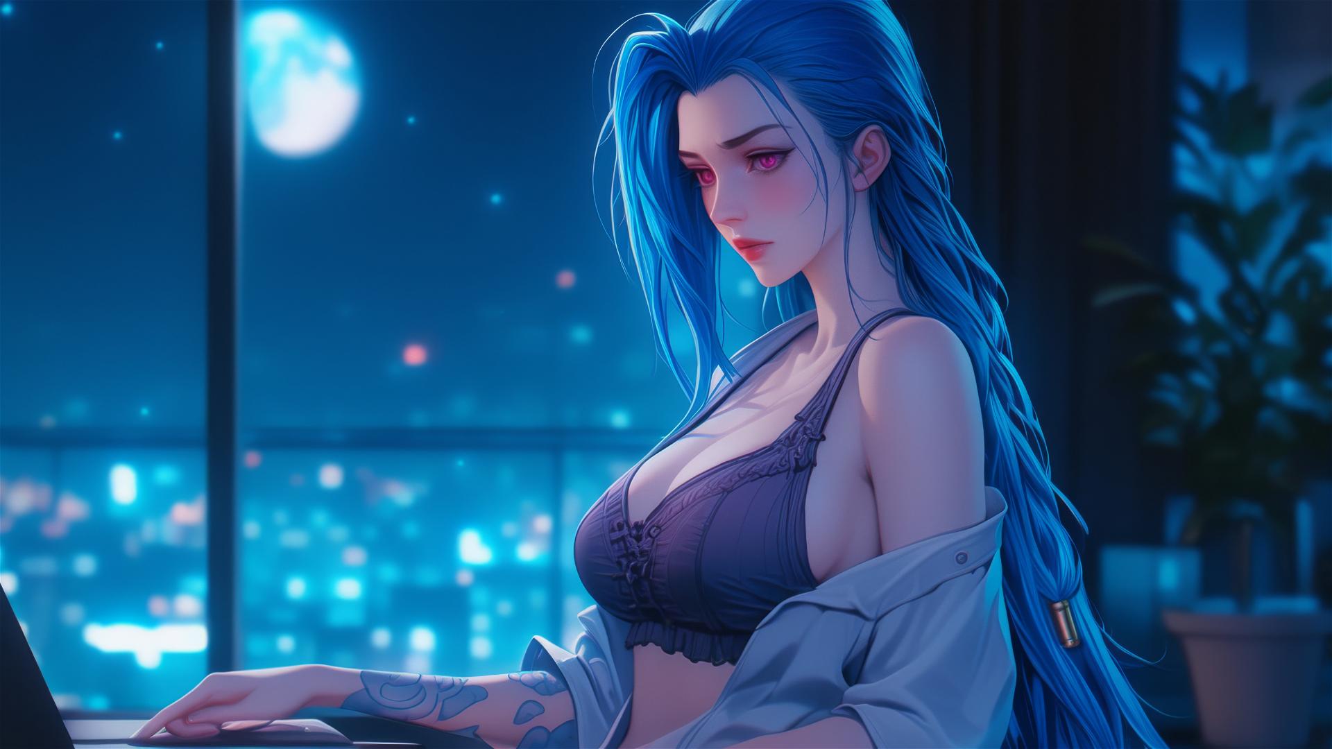 Jinx from League of Legends sitting in moonlit apartment, pink eyes, blue hair