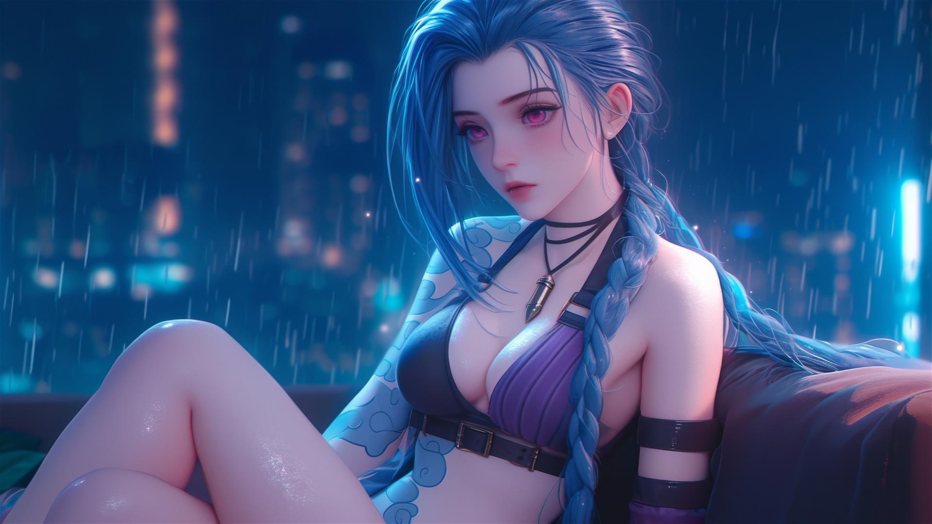Jinx from League of Legends resting under moonlight with pink eyes and blue hair