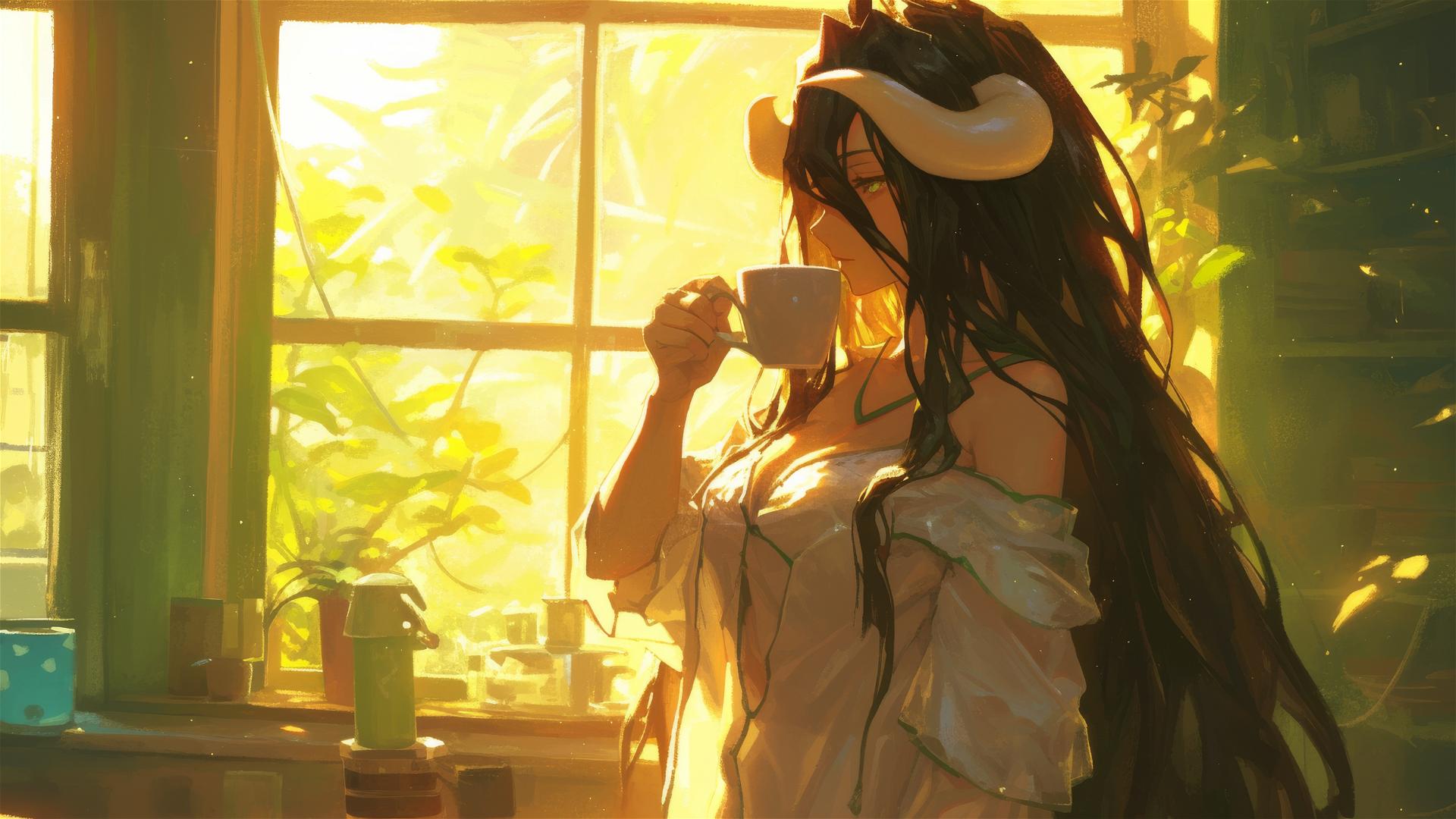 Albedo in white silk pajamas sipping coffee at sunrise.