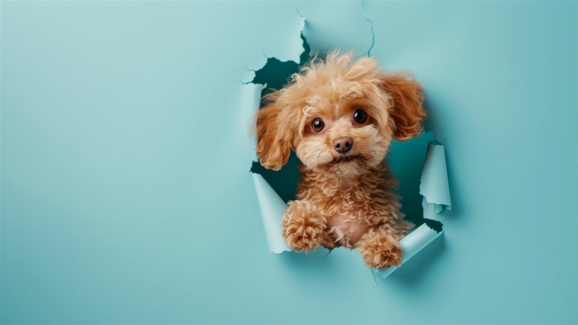 Teacup Poodle peeking through sky blue paper