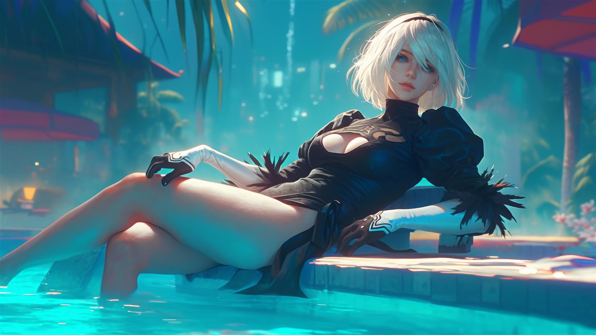 2B from Nier relaxes by pool under moonlight