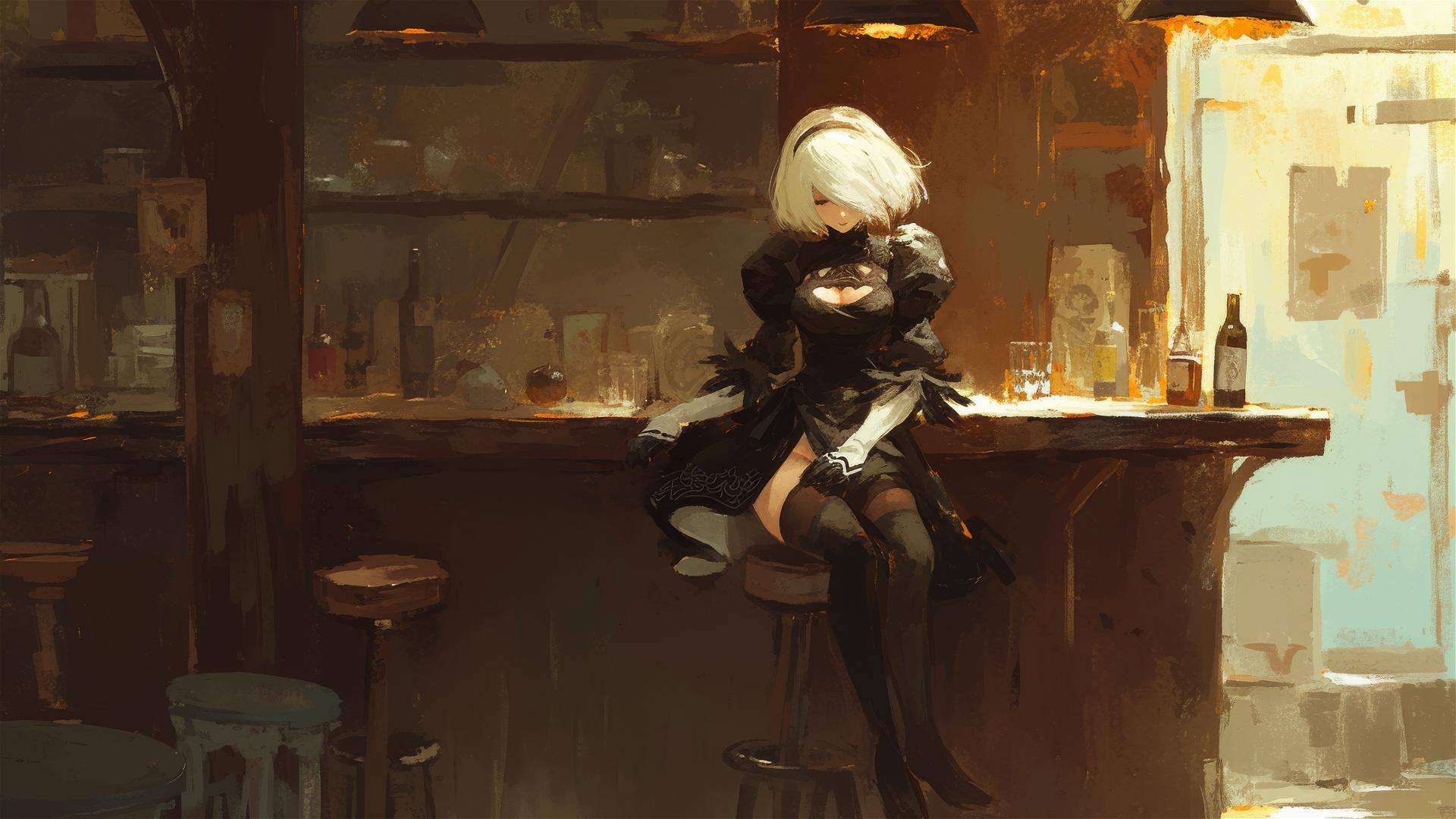 2B character from Nier enjoying a moment in a bar setting