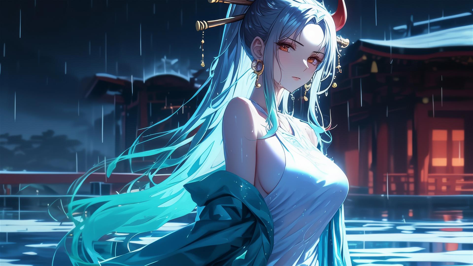 Yamato from One Piece standing in pool under moonlit rain