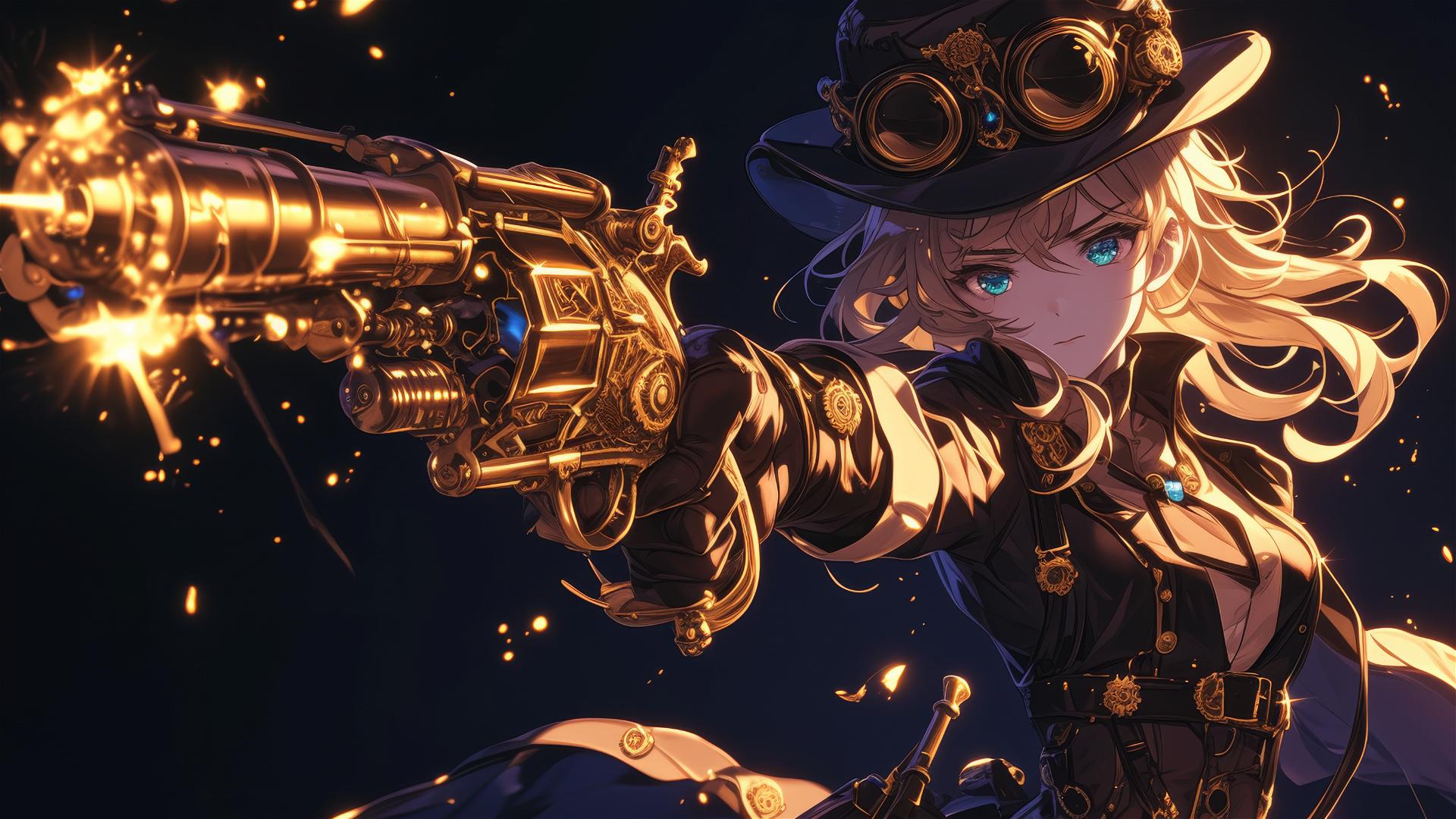 Steampunk Adventurer Girl with thigh focus on dark background