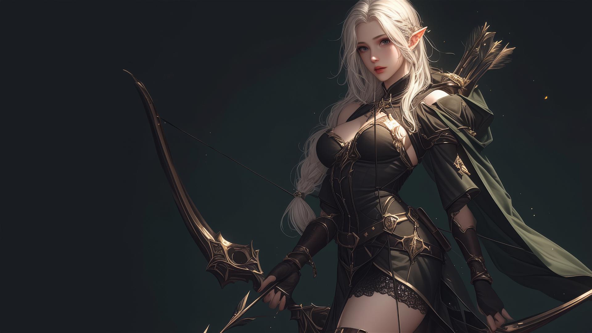 Fantasy Elf Archer in dynamic pose on dark background with spotlight effect