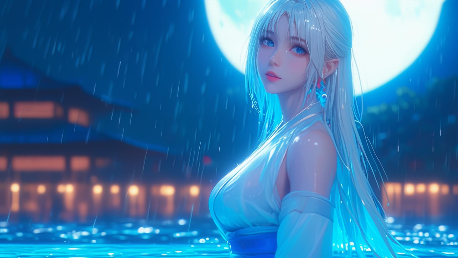 Fantasy Elf girl standing in rain-lit pool, moon glow on white dress