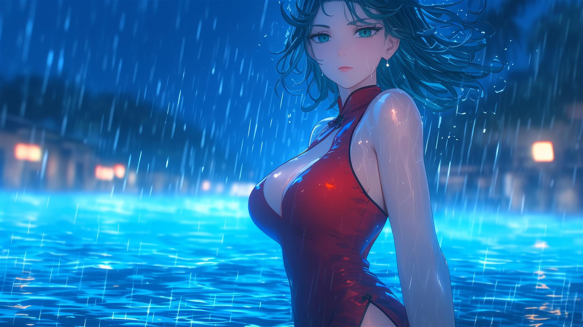Tatsumaki, the moon light, red dress, in swimming pool, serene and rainy
