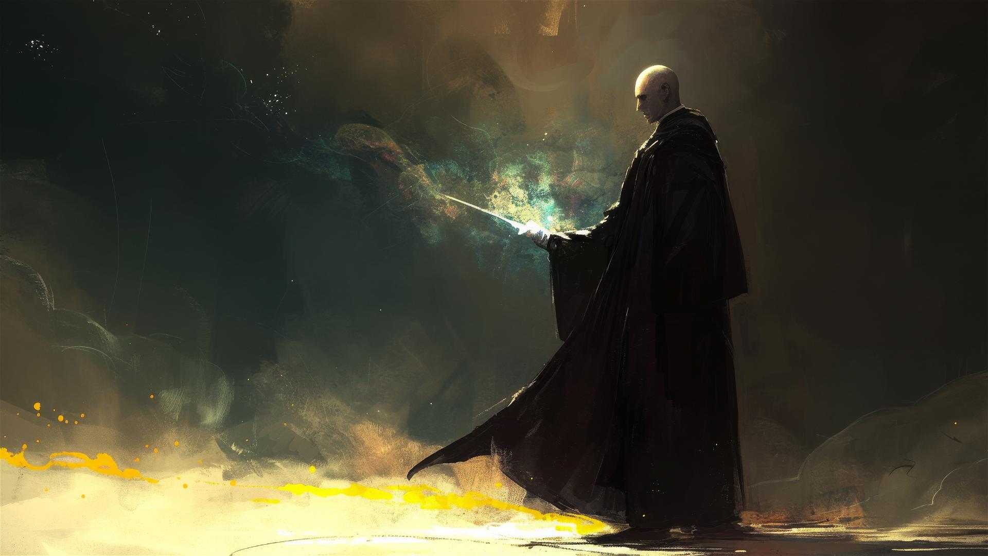 Artistic illustration of a wizard like Voldemort under a spotlight on a dark background