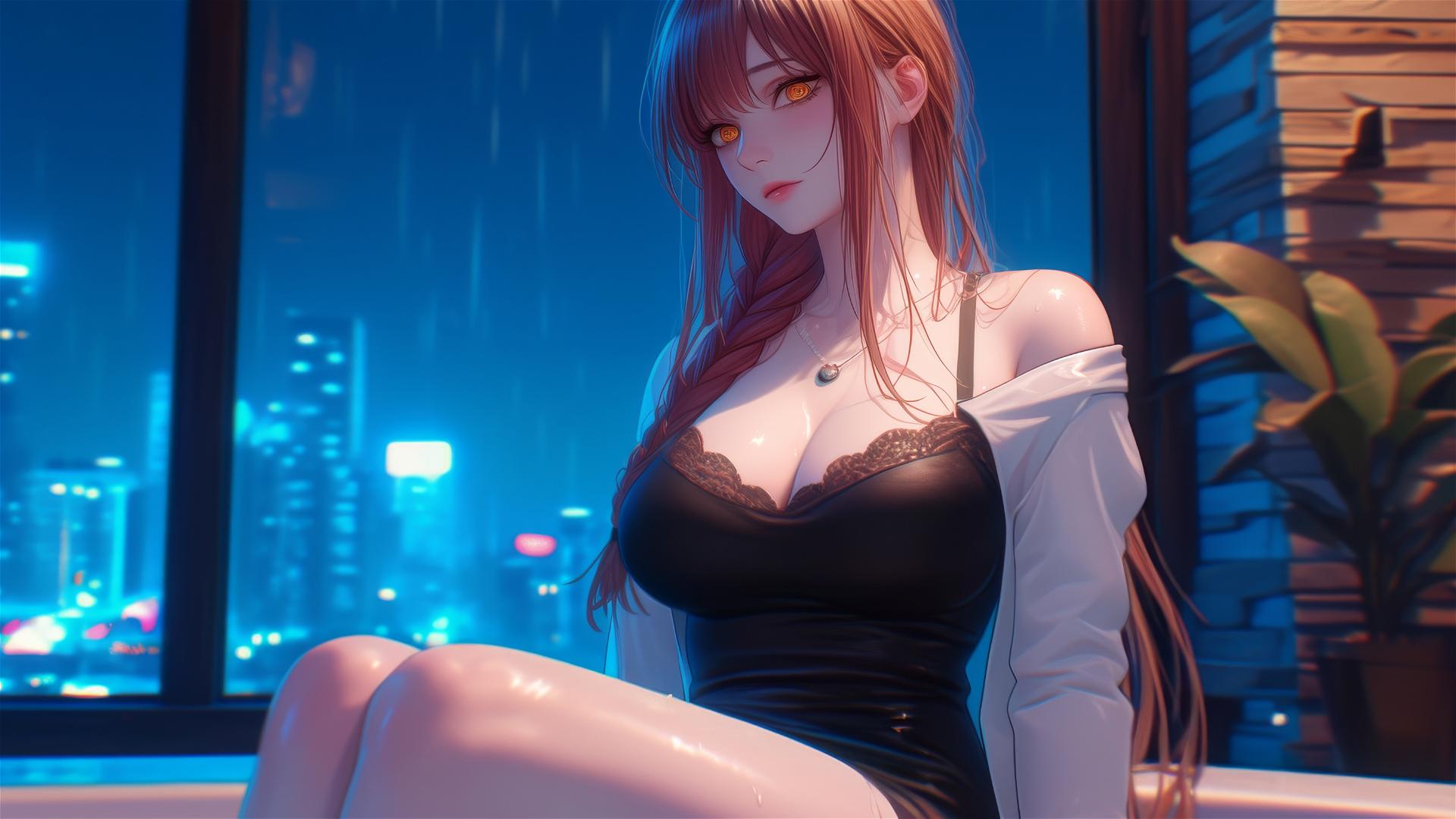 Makima from Chainsaw Man resting in tub under moonlight with blond, reddish hair