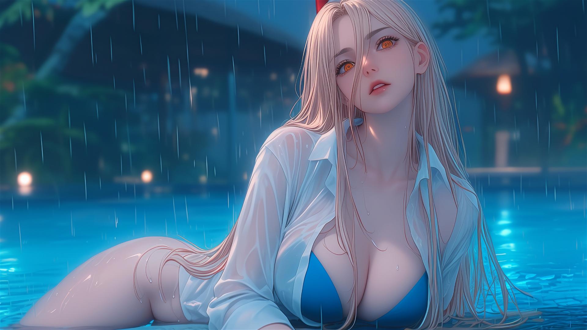 Power from Chainsaw Man resting at a rainy swimming pool, with prominent blond hair, light red horns, yellow eyes, and a focus on her thighs