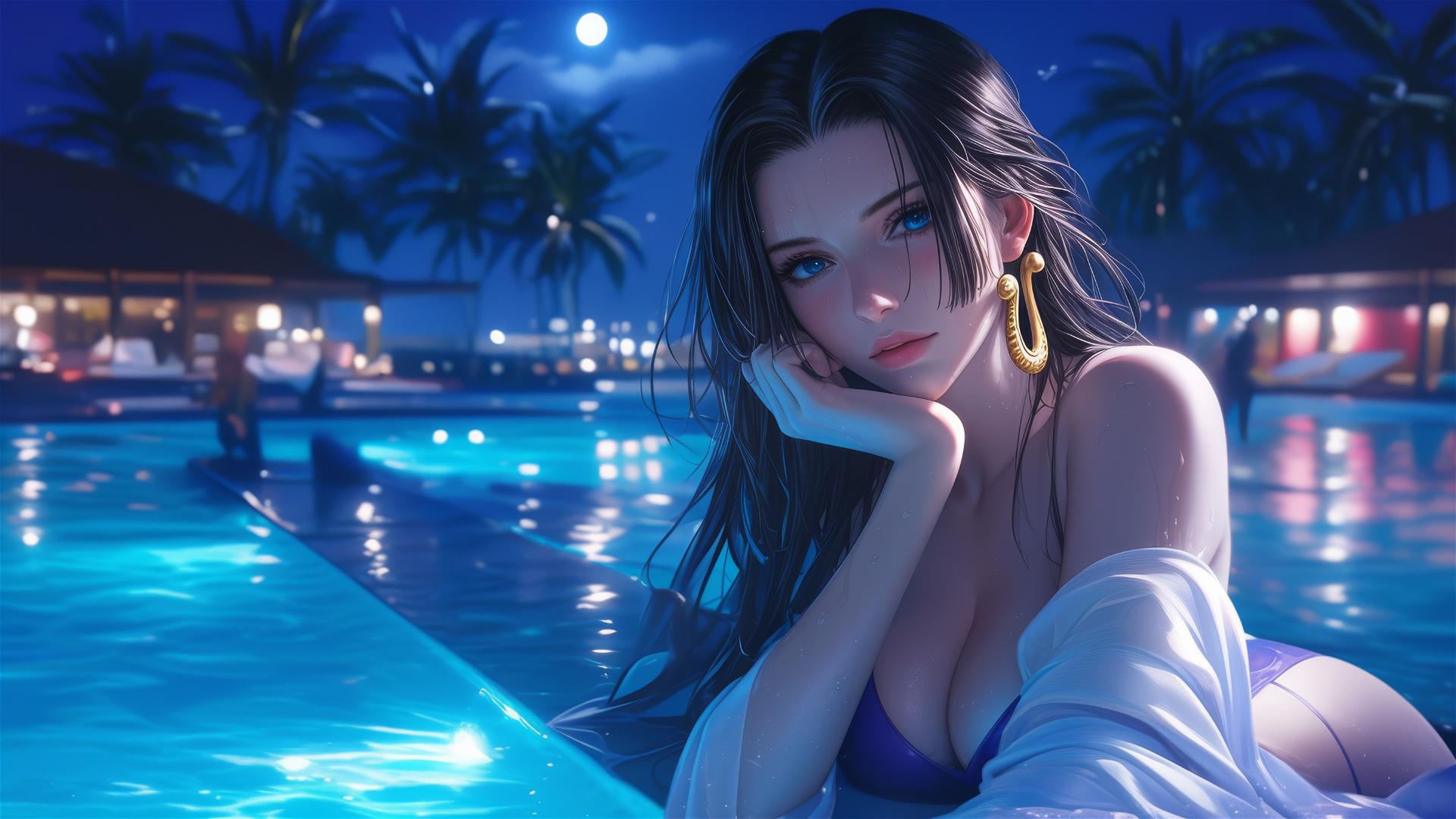 Boa Hancock from One Piece resting by the pool under moonlight
