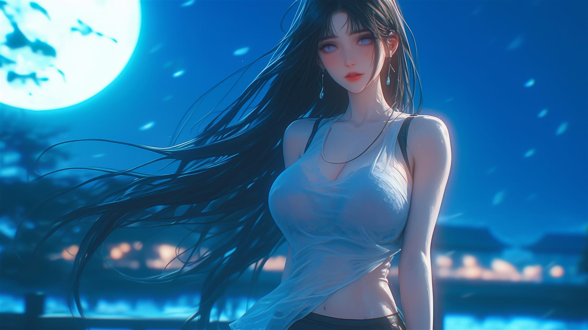 Hinata Hyuga walking under starry night with moonlight