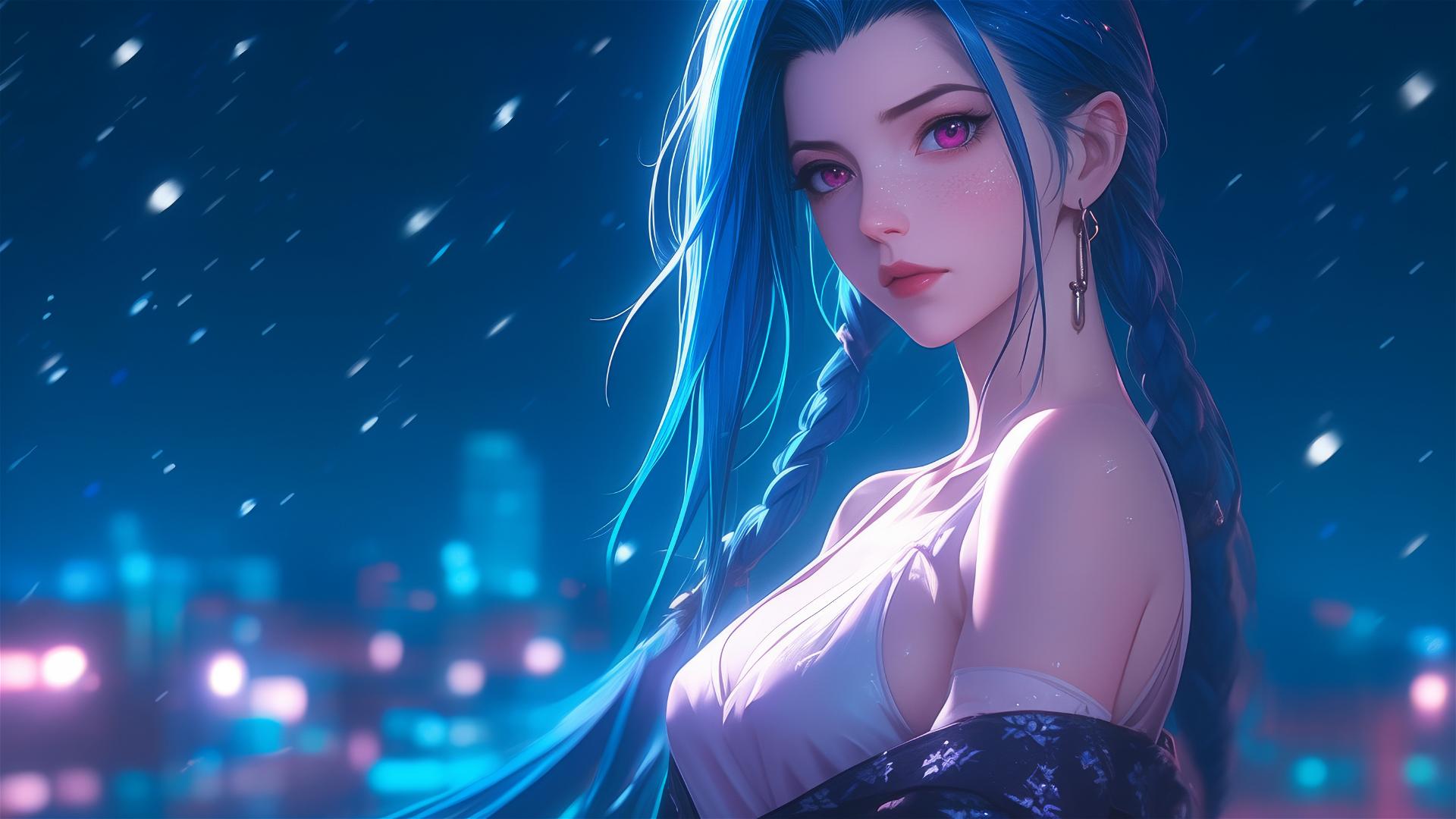 Jinx from League of Legends standing in an apartment under moonlight with blue hair and pink eyes