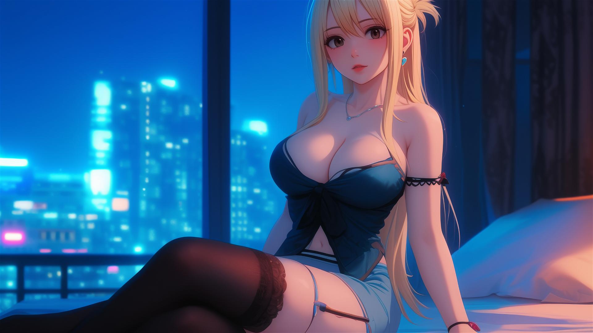 Lucy Heartfilia from Fairy Tail resting in a hotel room by moonlight