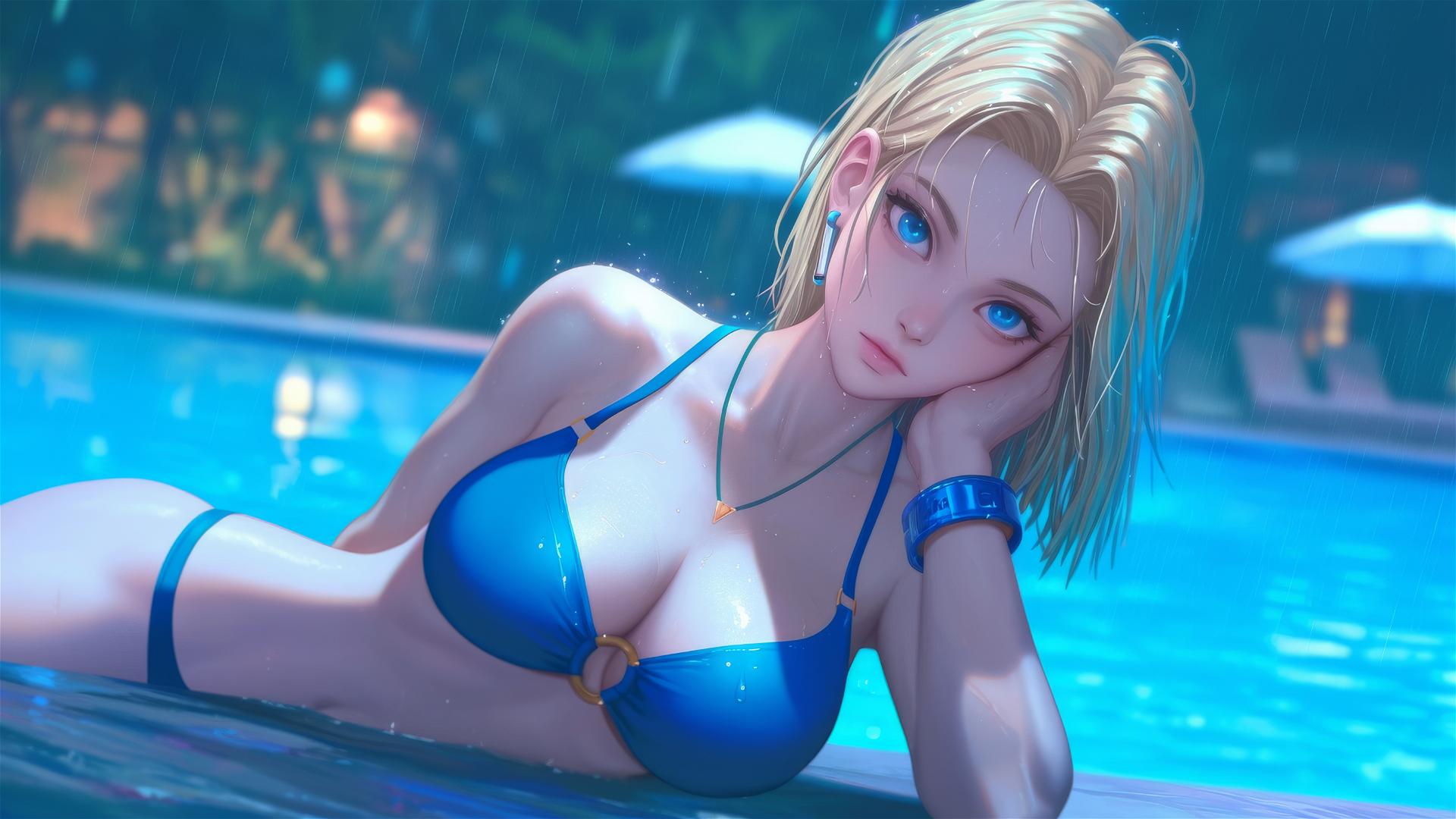 Android 18 from Dragon Ball resting by a rainy swimming pool.