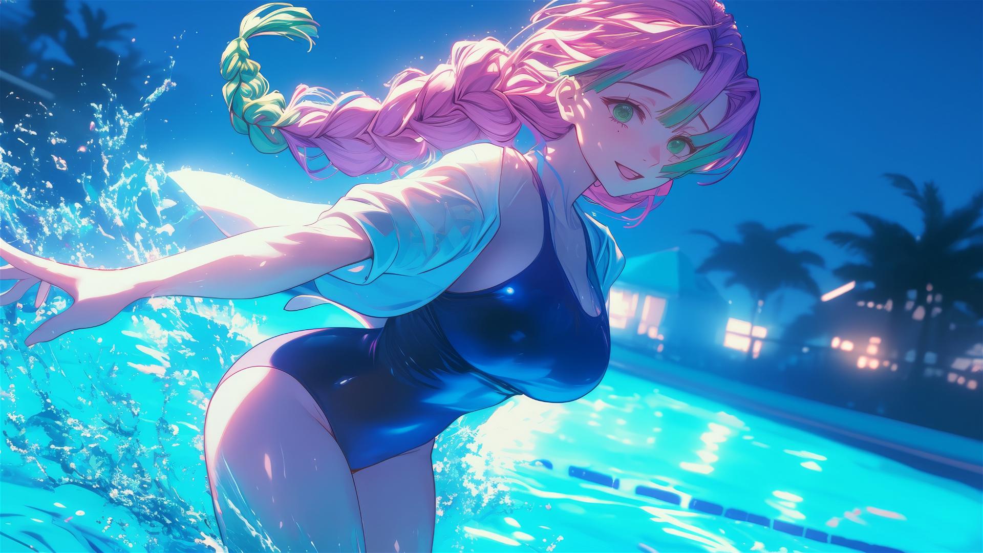 Mitsuri Kanroji from Demon Slayer exiting a pool under moonlight with pink to green hair