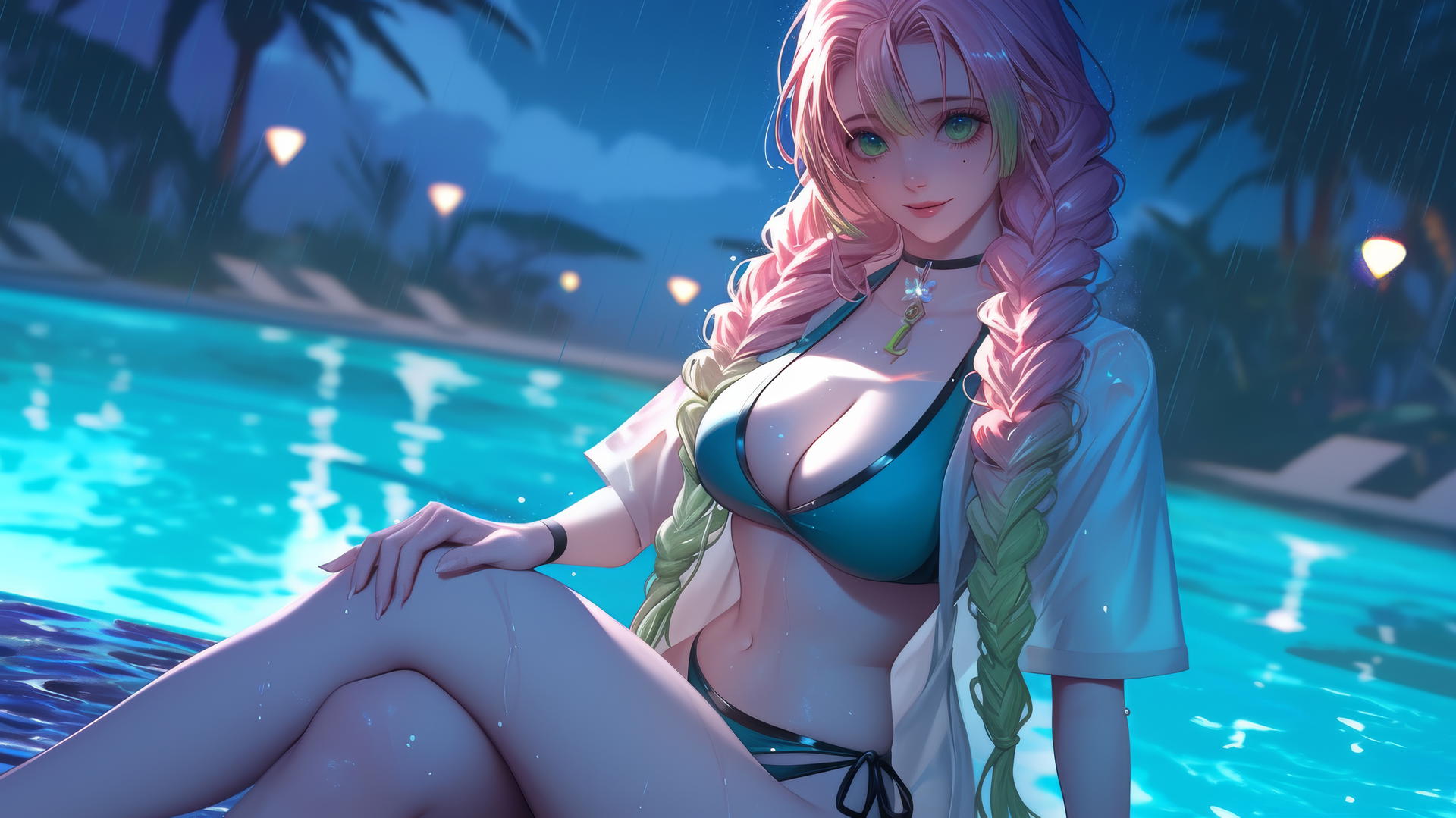 Mitsuri Kanroji from Demon Slayer resting by a rainy swimming pool under moonlight