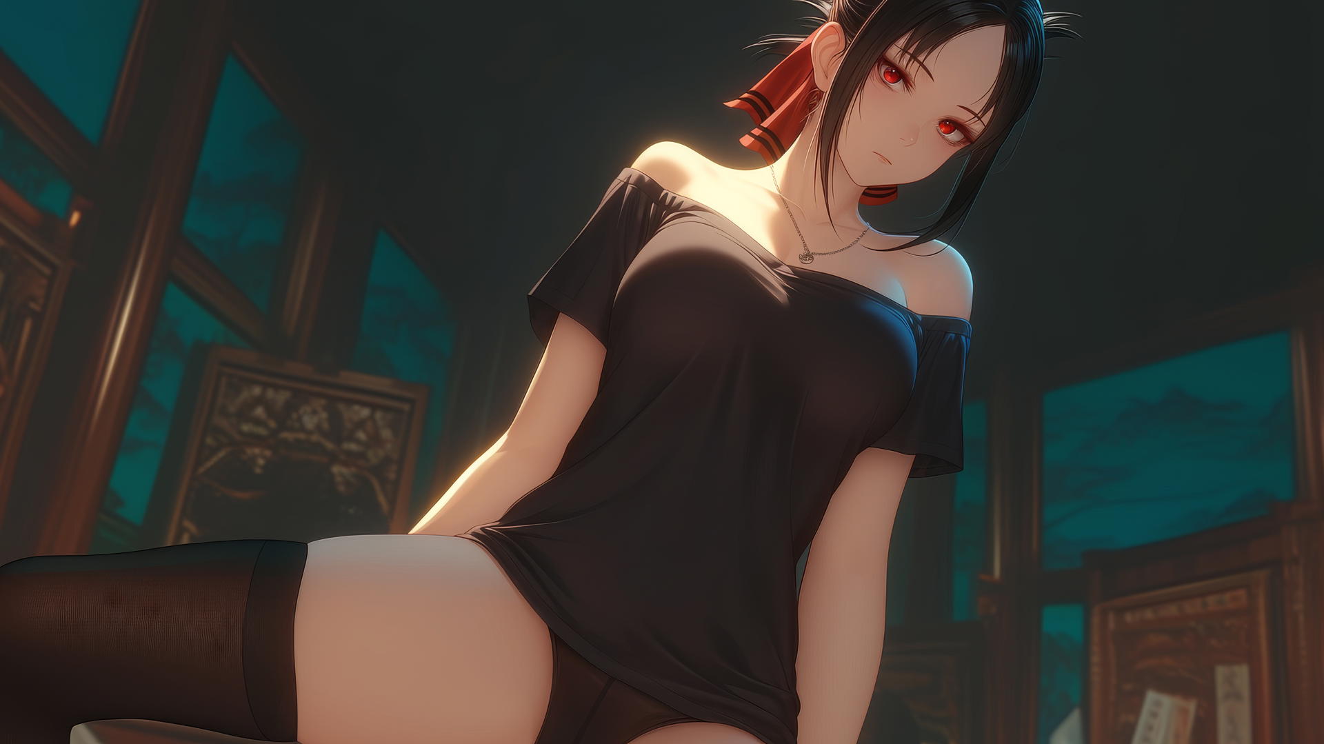 Kaguya Shinomiya with red eyes, kneeling, in a broken t-shirt, warm and neon lighting.