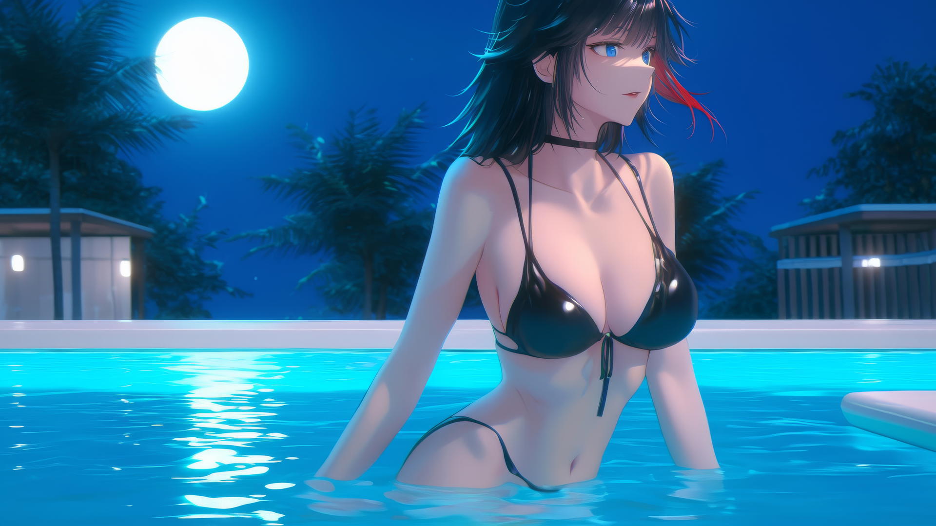 Ryuko Matoi with black feathery hair and red streak, blue gear-shaped pupils, jumping out of a pool under moonlight.